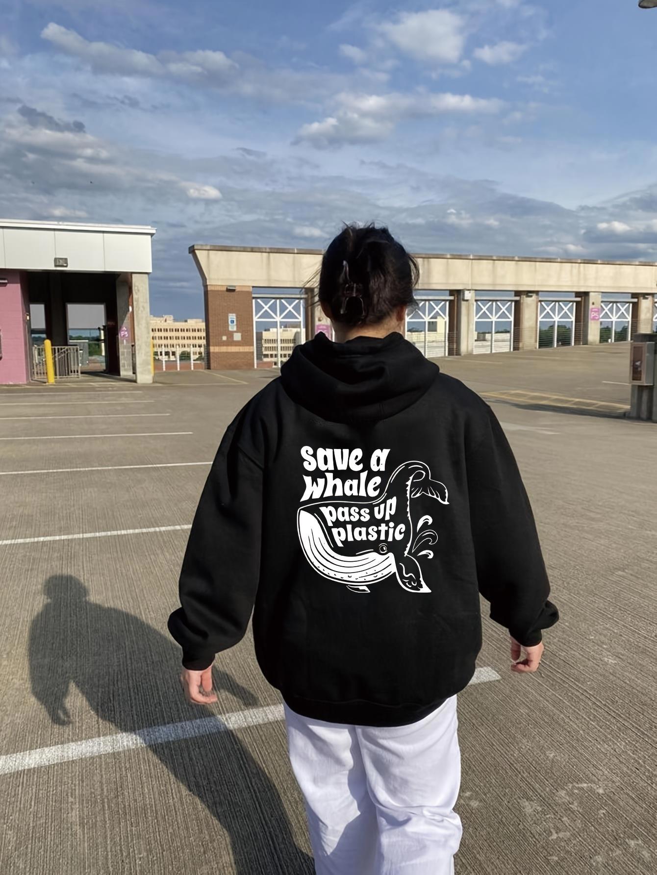 Tailorly Women's Printed Hoodie - Save A Whale Text With Splashing Water Under Striking Ocean Sky Whale