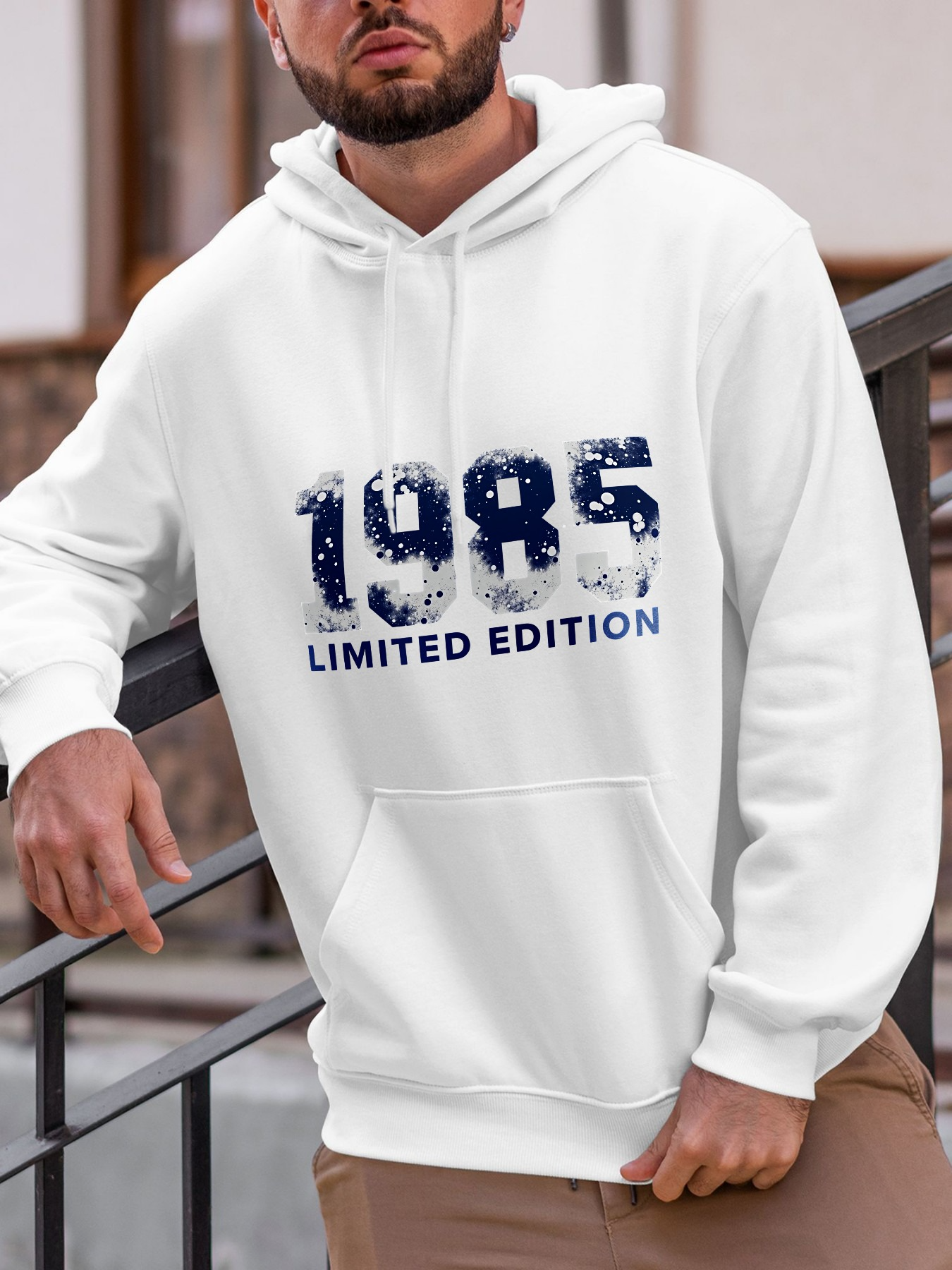 Tailorly Men's Printed Hoodie - 1985 Limited Edition Grunge Artistic Splatter Design With Washed Blue Brush Stroke Numbers Hoodie