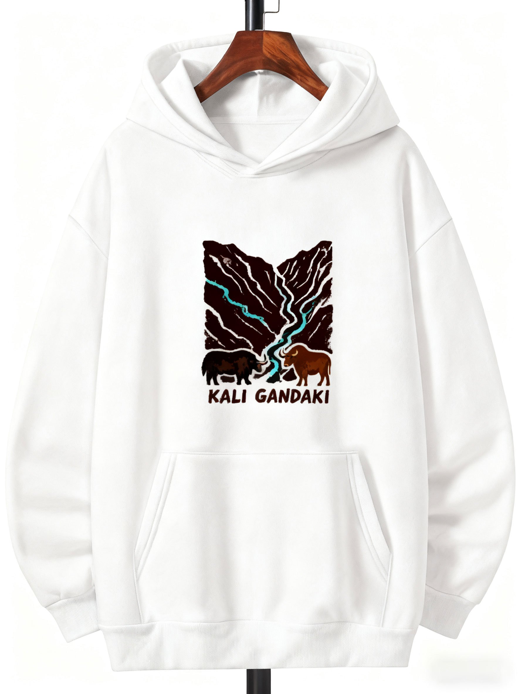 Tailorly Men's Printed Hoodie - Kali Gandaki Flowing Mountain River With Grazing Animals In Valley