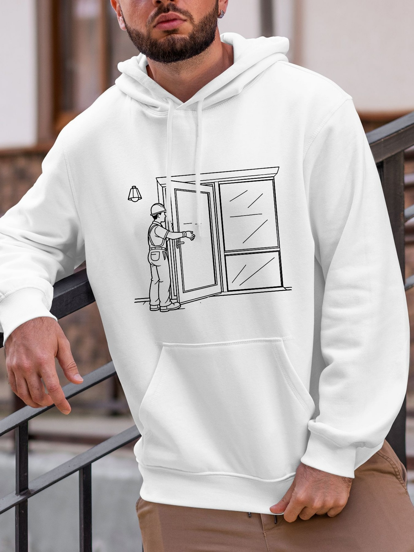 Tailorly Men's Printed Hoodie - Cartoon Style Person Pulling Open Glass Door Illustration