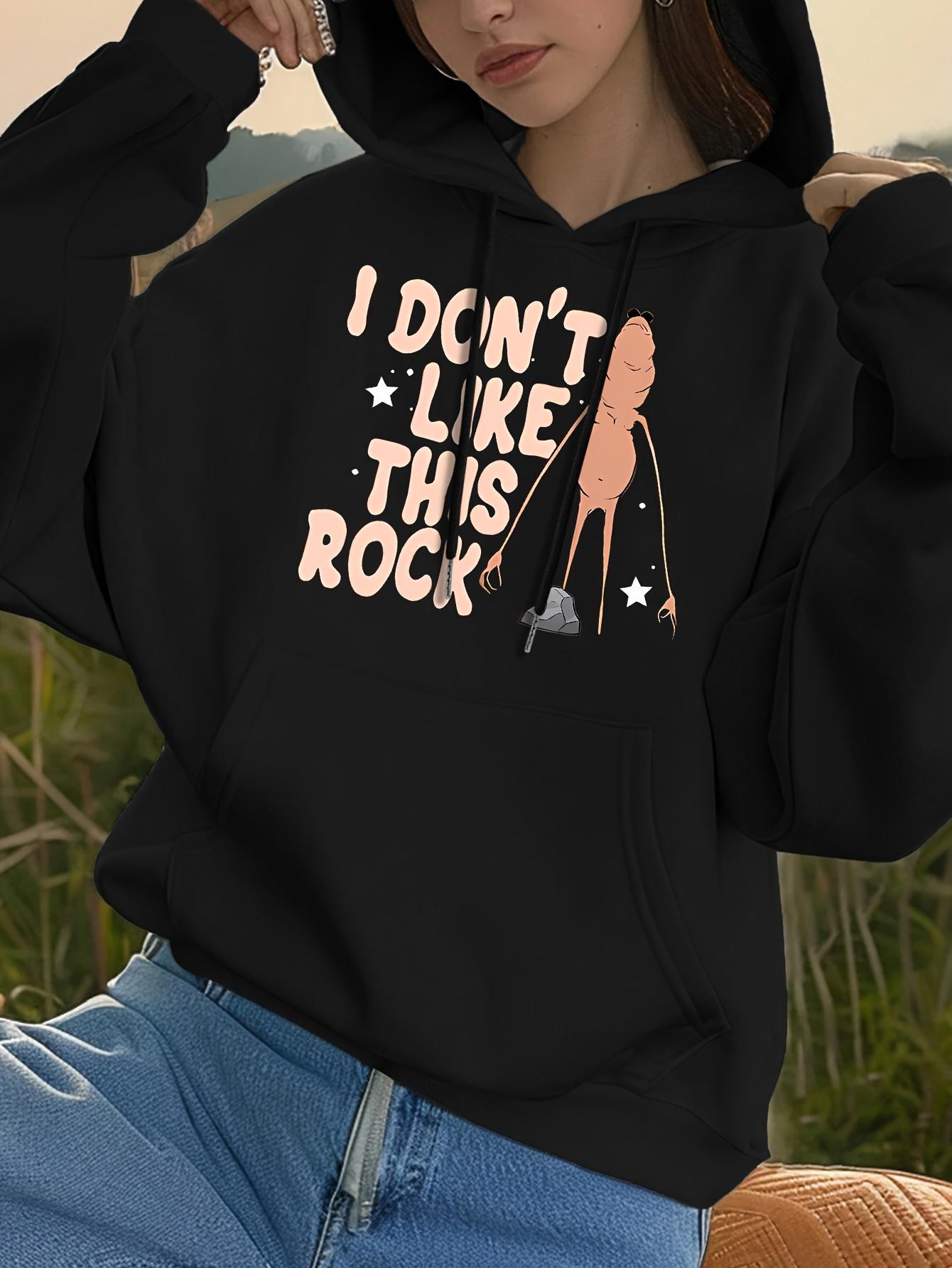 Tailorly Women's Printed Hoodie - I Dont Like This Rock Cartoon Drawing With Pink Standing Figure