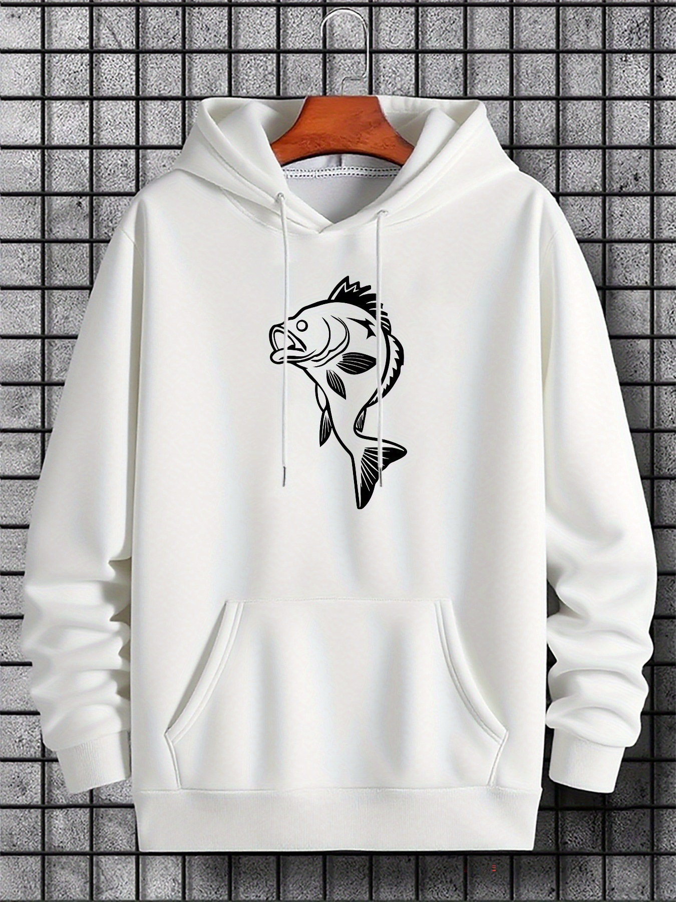 Tailorly Men's Printed Hoodie - Minimalist Line Art With Jumping Catching Splashing Water Fish