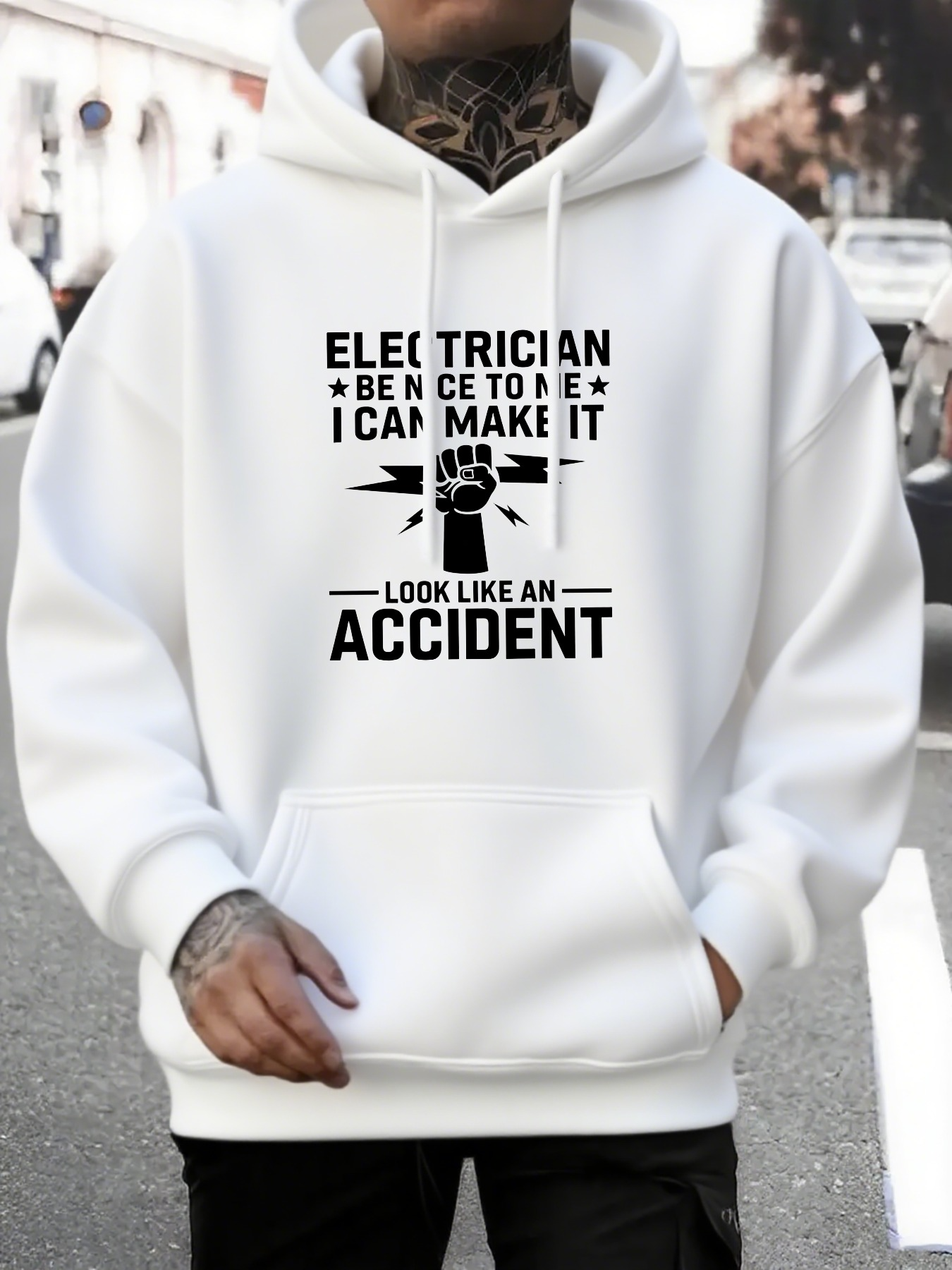 Tailorly Men's Printed Hoodie - Electrician I Can Make It Look Like An Accident Graphic With Raised Fist Under Bold Letters