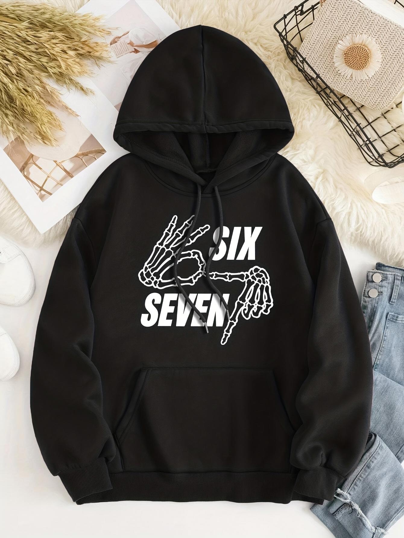 Tailorly Women's Printed Hoodie - Skeleton Hand Gestures With Bold Typography Six Seven