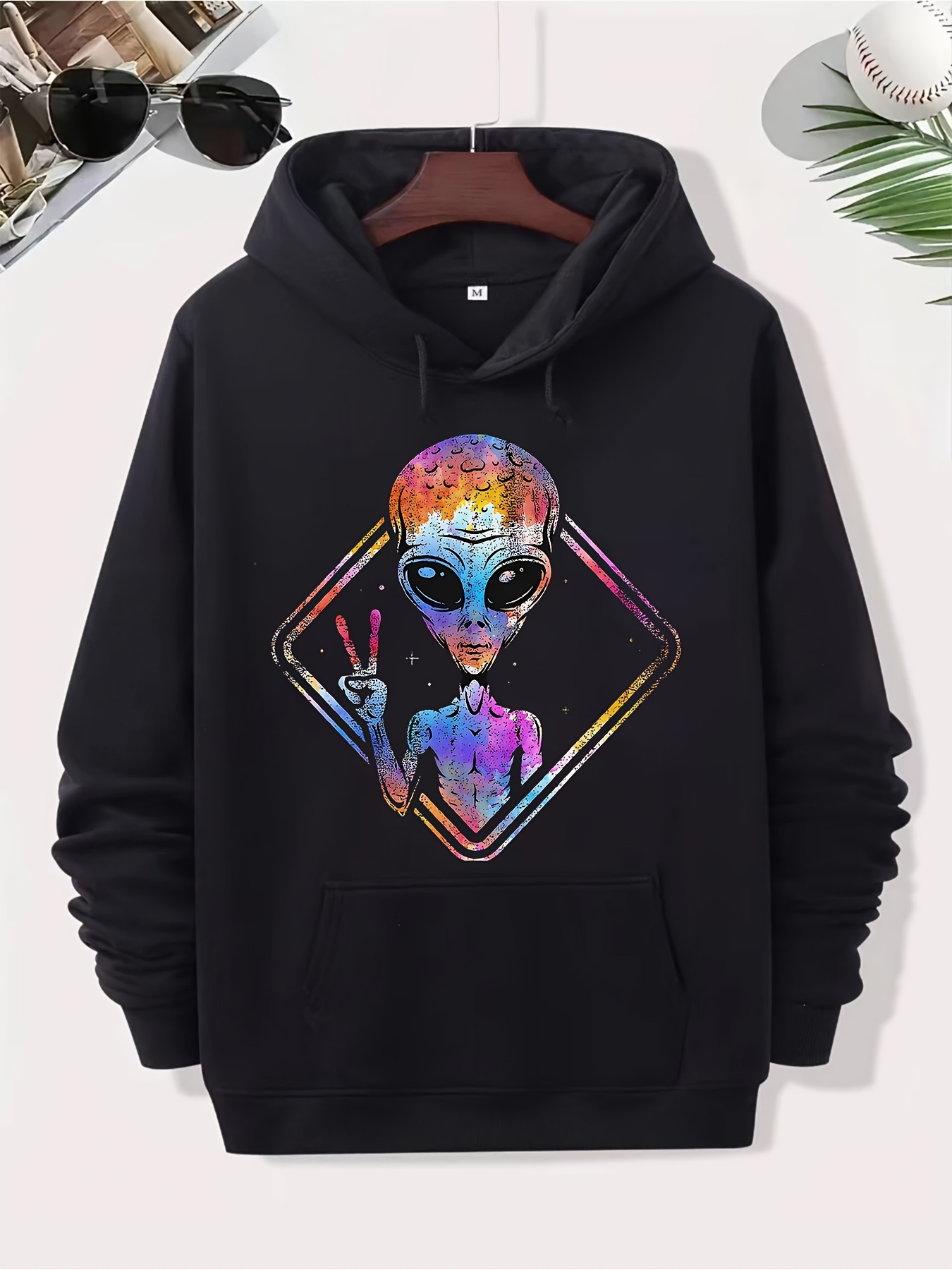 Tailorly Men's Printed Hoodie - Colorful Peaceful Cosmic Pattern With Neon Lights Alien