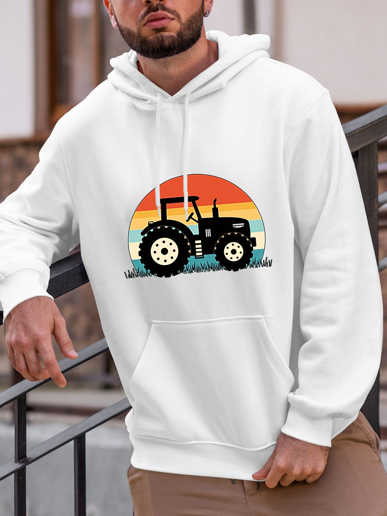 Tailorly Men's Printed Hoodie - Sunset Horizon Over Green Field Vintage Style Tractor