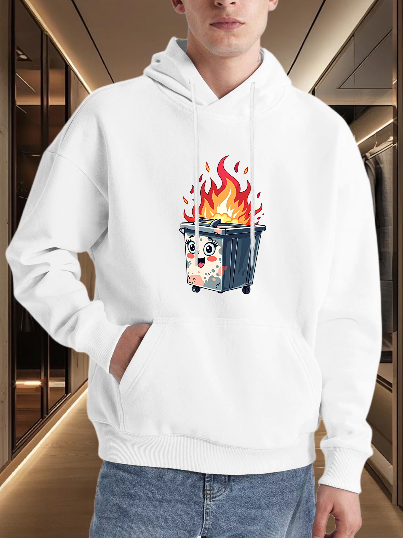 Tailorly Men's Printed Hoodie - Cartoon Flames Burning Trash Bin With Playful Expression Dumpster