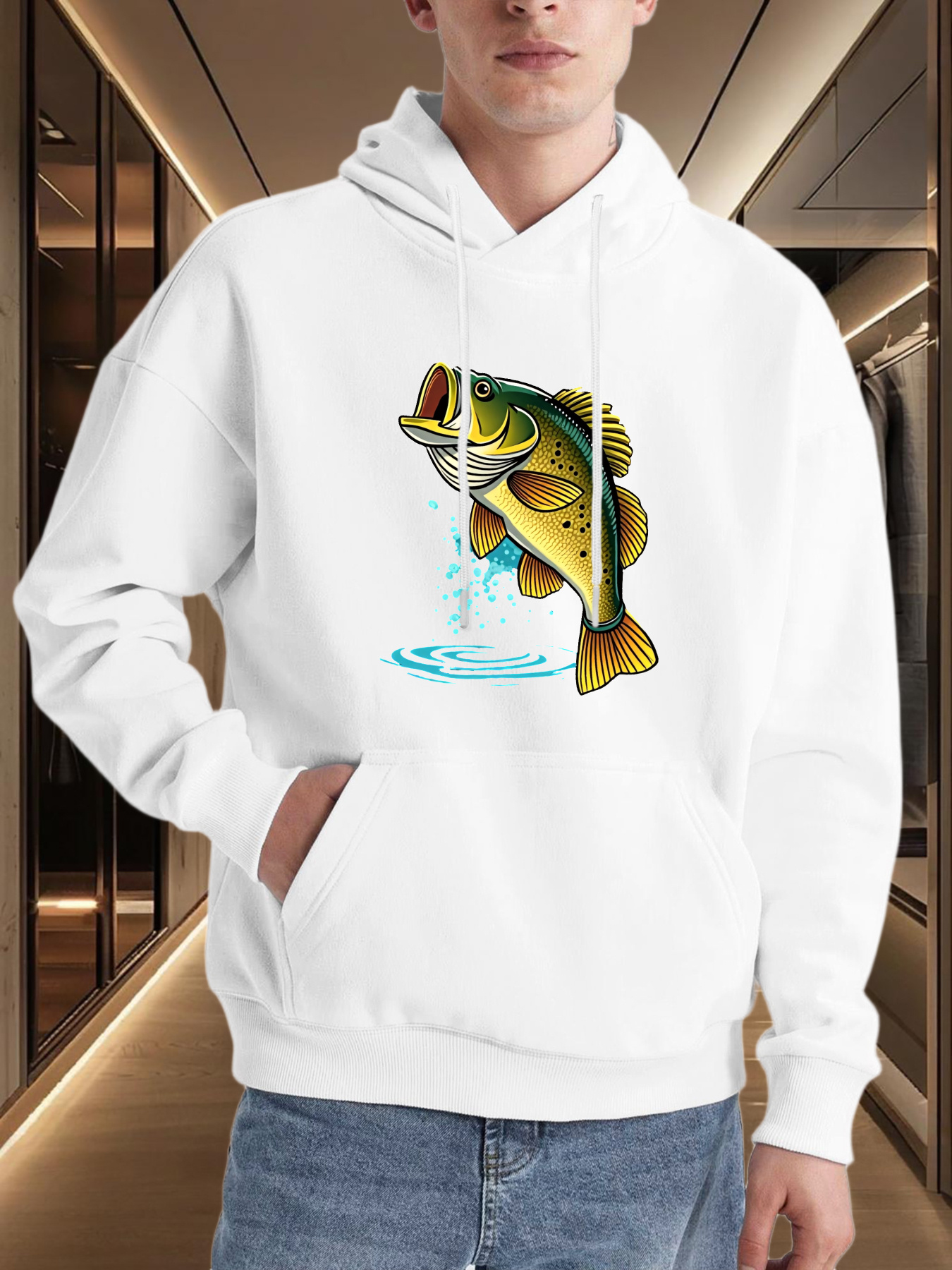 Tailorly Men's Printed Hoodie - Splashing Water With Lively Colorful Details Under A Jumping Fish