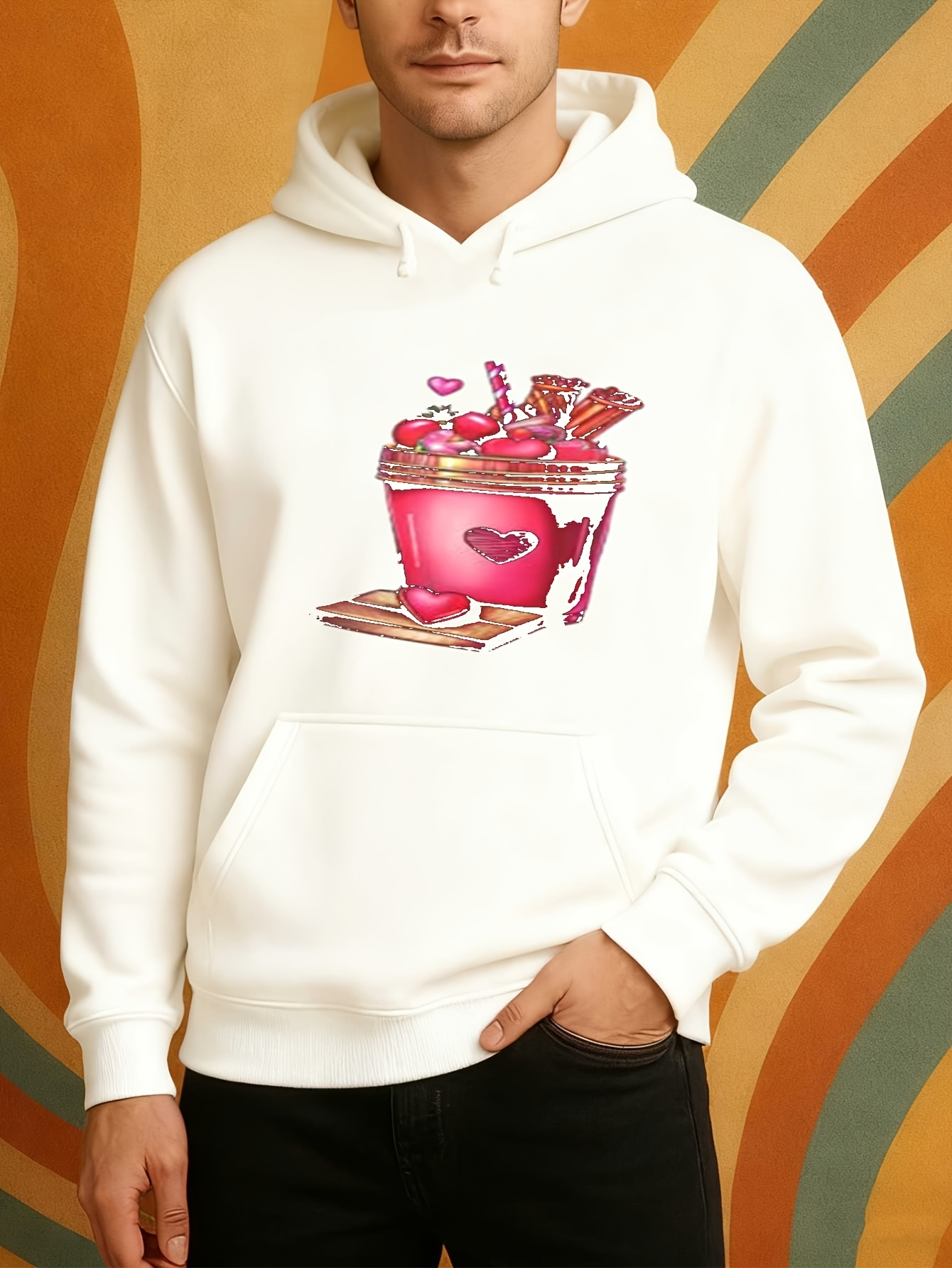 Tailorly Men's Printed Hoodie - Overflowing Pink Drink With Chocolate And Candy Hearts Cup