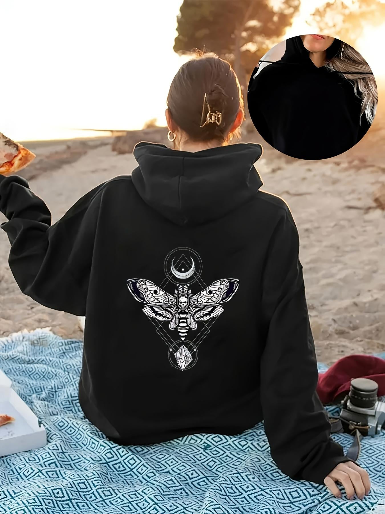 Tailorly Women's Printed Hoodie - Celestial Night Moth With Geometric Moon Elements Surrounded By Stars