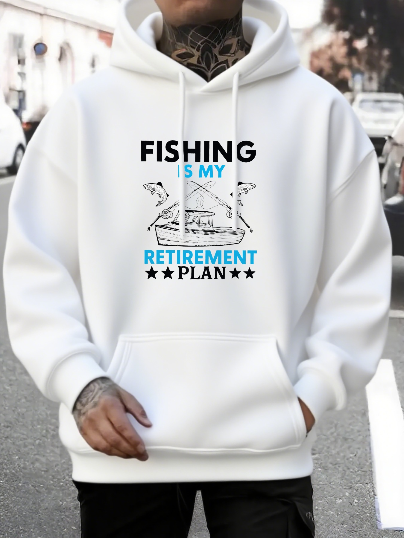 Tailorly Men's Printed Hoodie - Fishing Is My Retirement Plan With Fun Outdoor Boat And Peaceful Lake