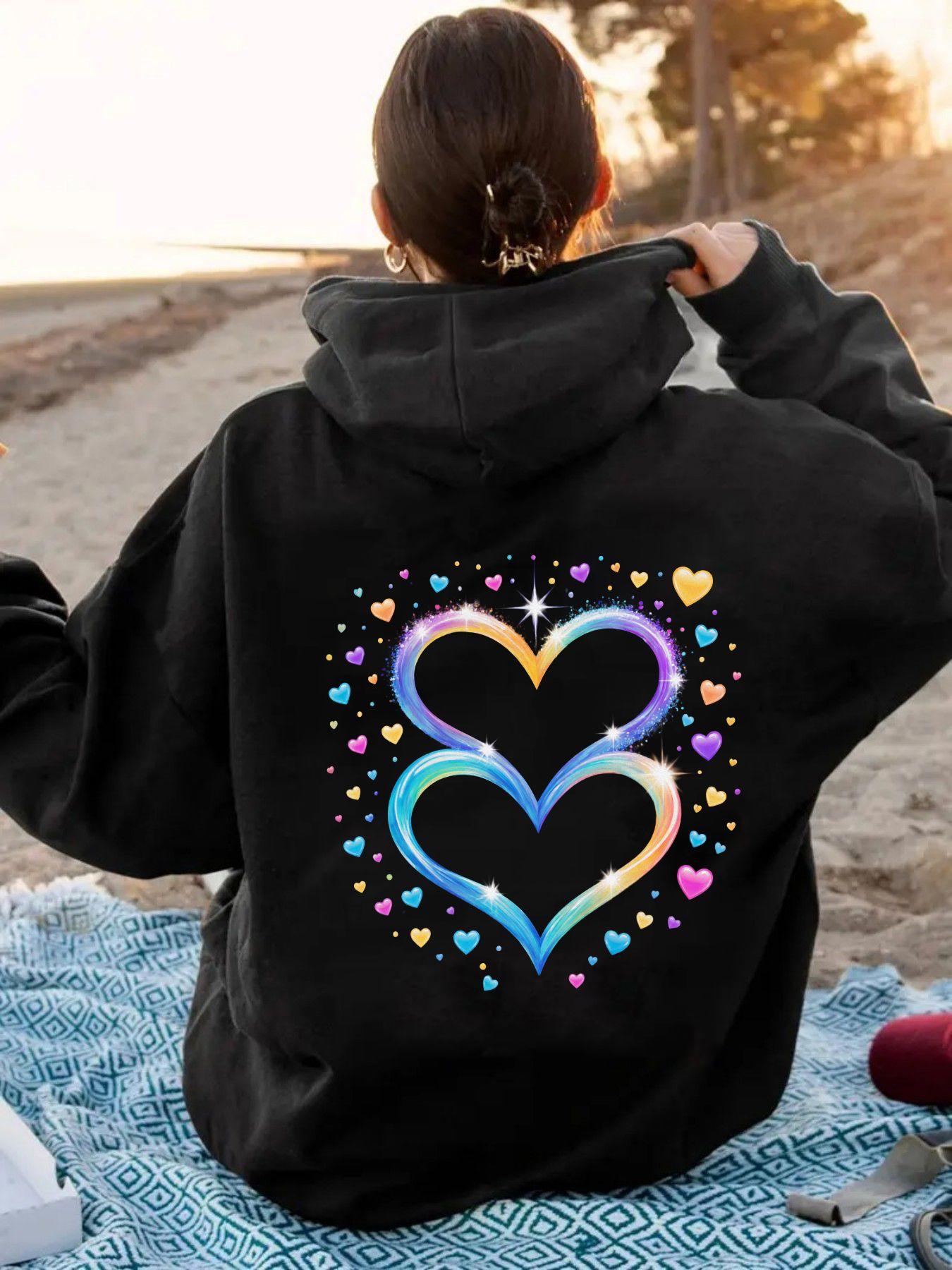 Tailorly Women's Printed Hoodie - Colorful Gradient Glow With Sparkling Small Hearts Heart