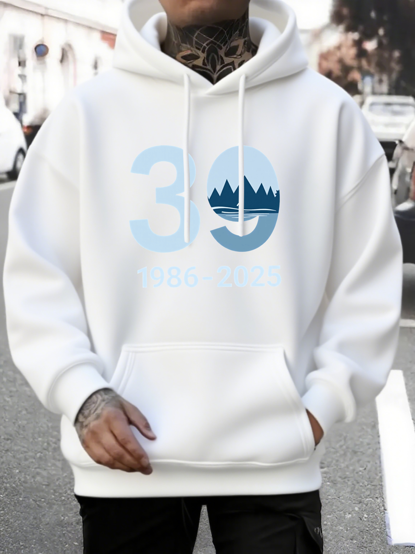 Tailorly Men's Printed Hoodie - Blue Scenic Mountain Lake Graphic Number Thirty Nine Hoodie