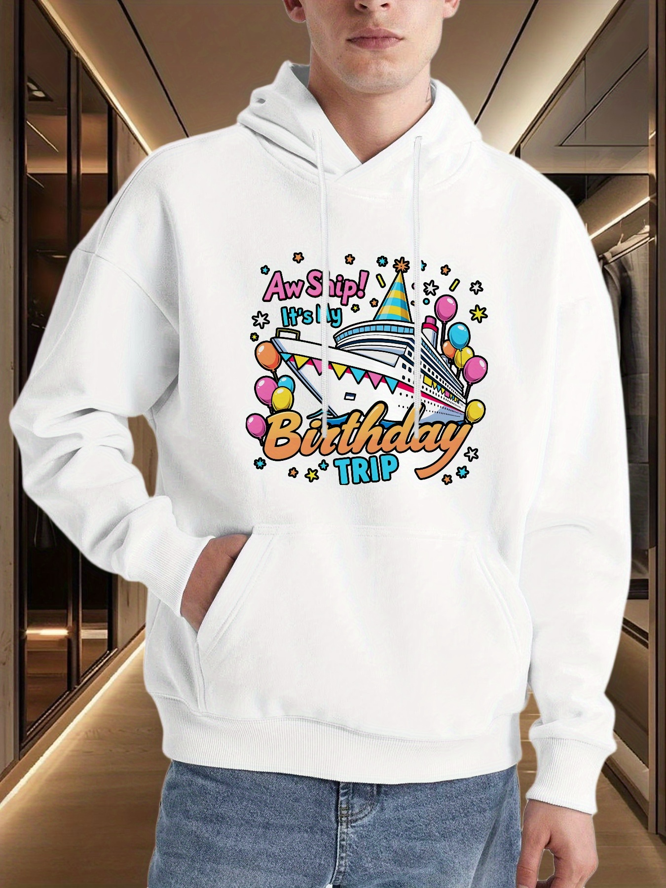 Tailorly Men's Printed Hoodie - Awesome Fun Birthday Trip With Balloons Colorful Stars And Party Hat