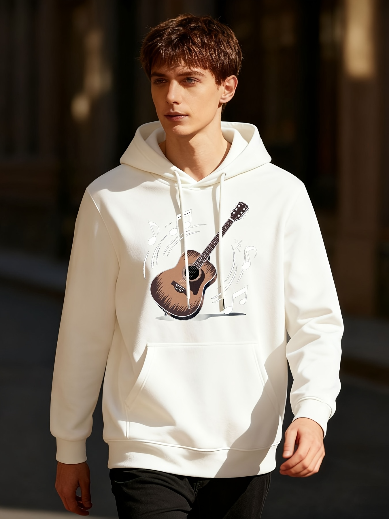 Tailorly Men's Printed Hoodie - Soft Sunlight With Artistic Print Of Wooden Classic Guitar