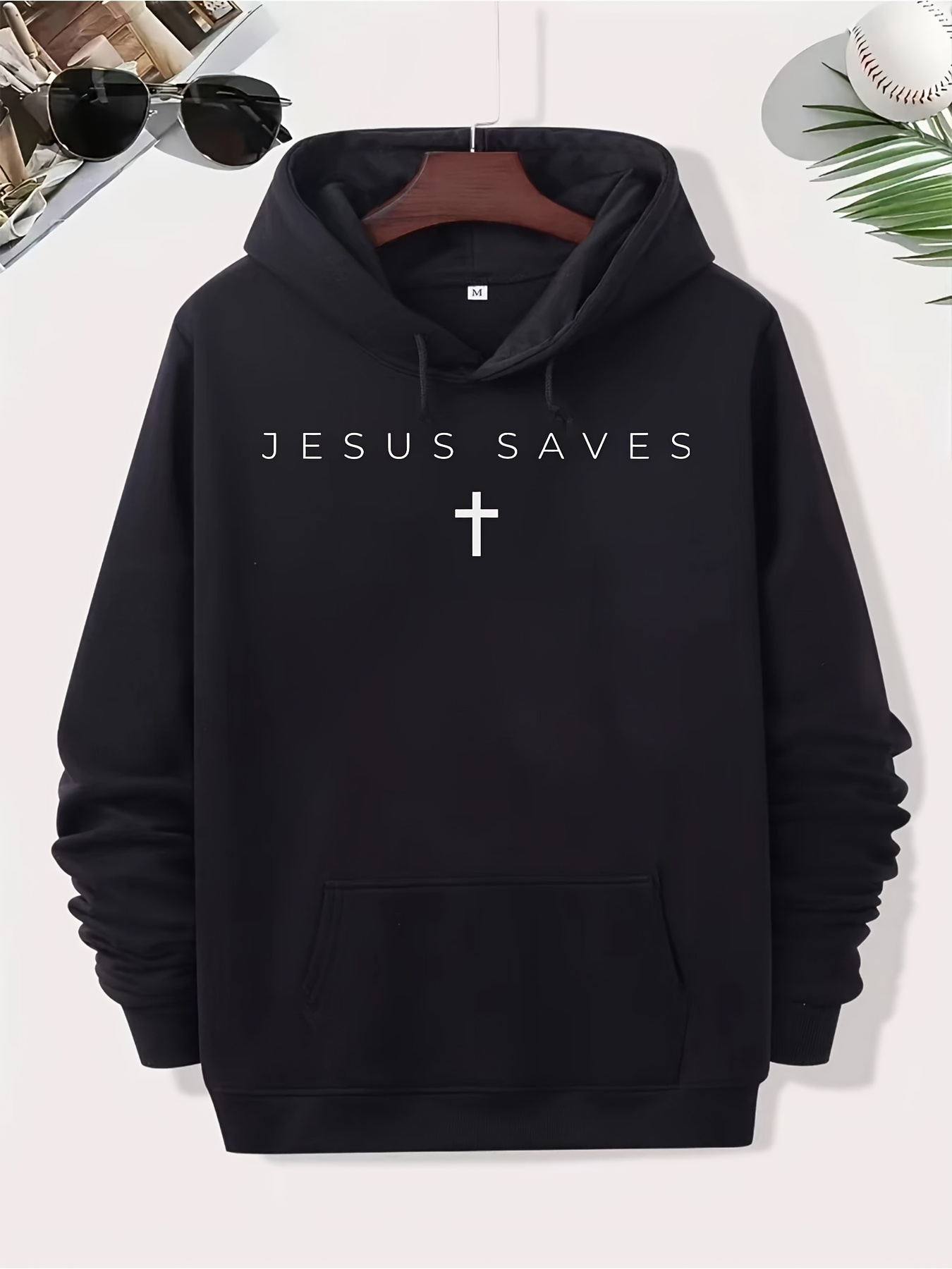 Tailorly Men's Printed Hoodie - Jesus Saves Minimalist Lettering With White Cross On Black Hoodie