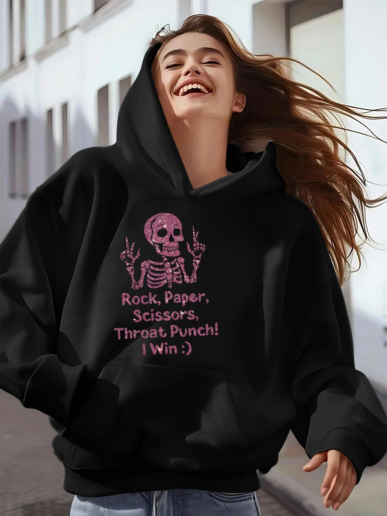 Tailorly Women's Printed Hoodie - Rock Paper Scissors Throat Punch I Win Neon Skeleton With Peace Signs Hoodie