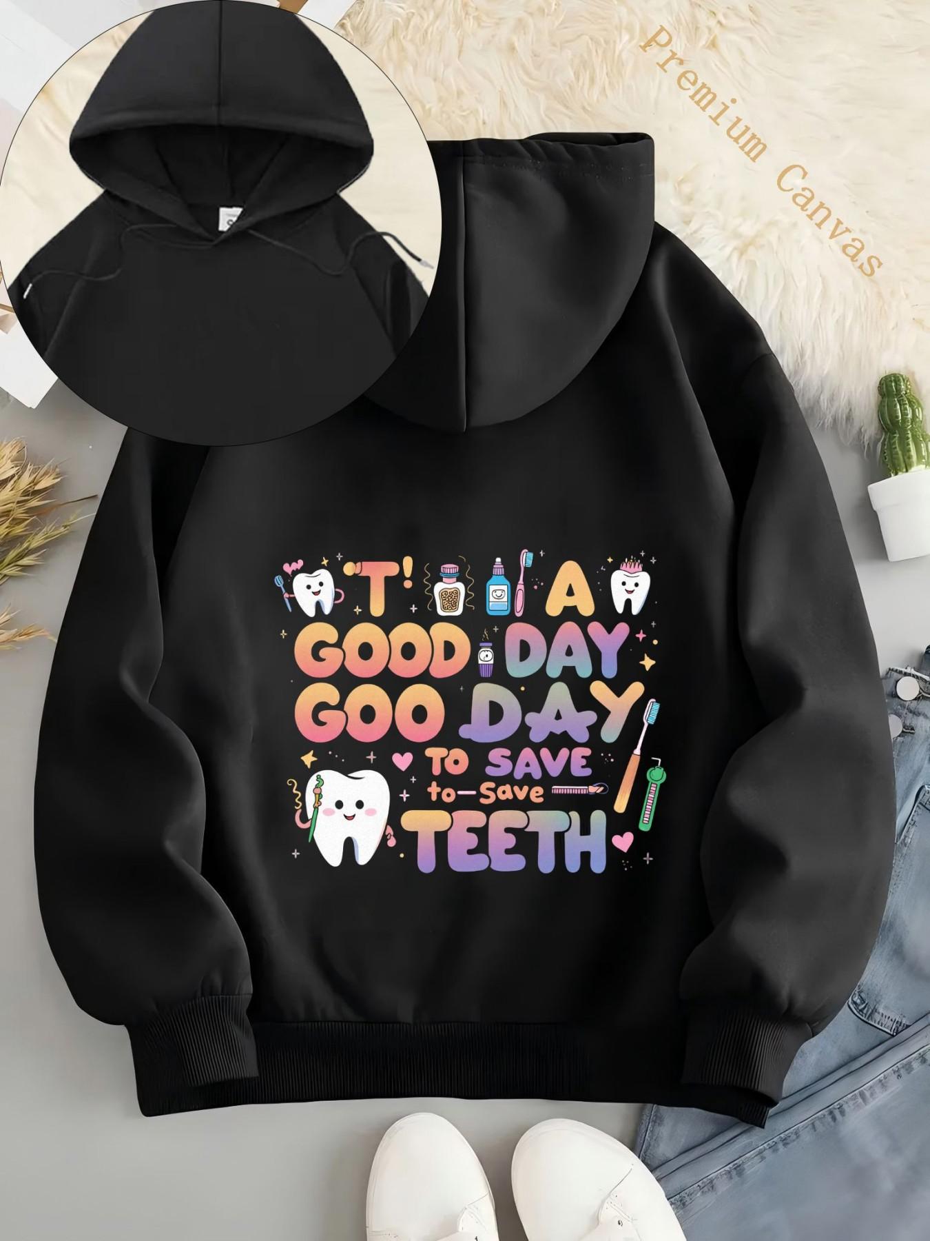 Tailorly Women's Printed Hoodie - A Good Day To Save Teeth With Colorful Tools And Smiling Cartoon Tooth