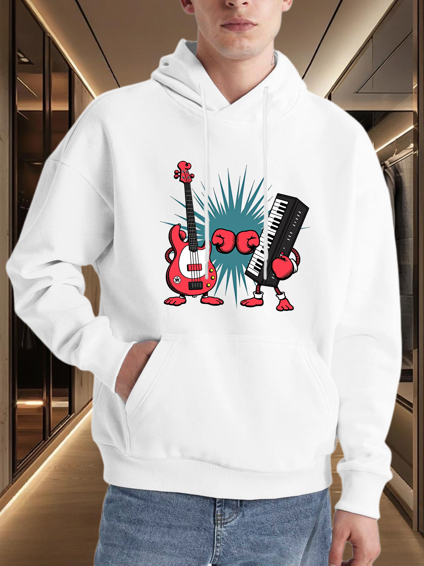 Tailorly Men's Printed Hoodie - Animated Music Instruments With Light Burst Playful Cartoon Characters