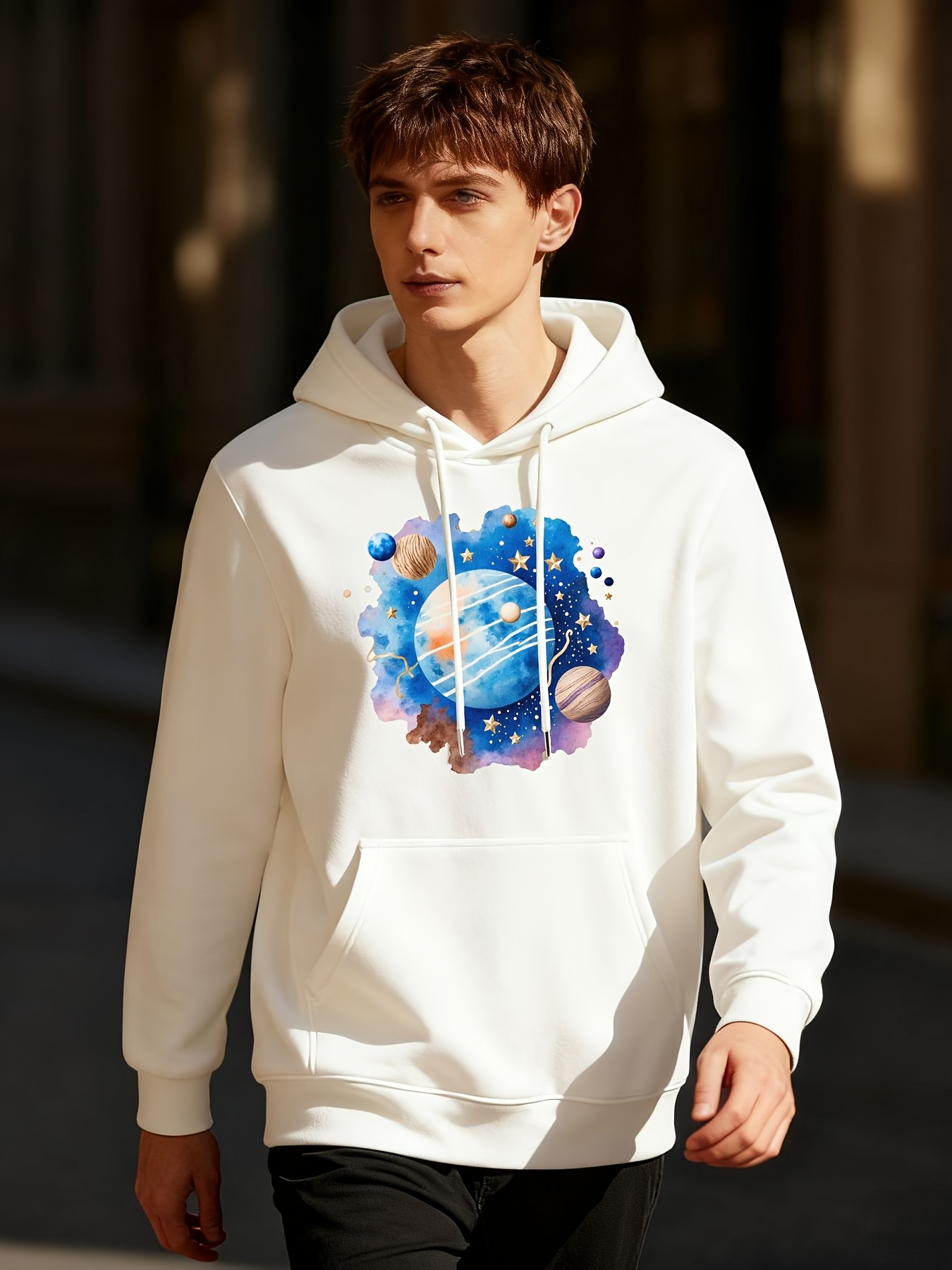 Tailorly Men's Printed Hoodie - Colorful Planets Floating Among Vibrant Blue Cosmic Clouds Space