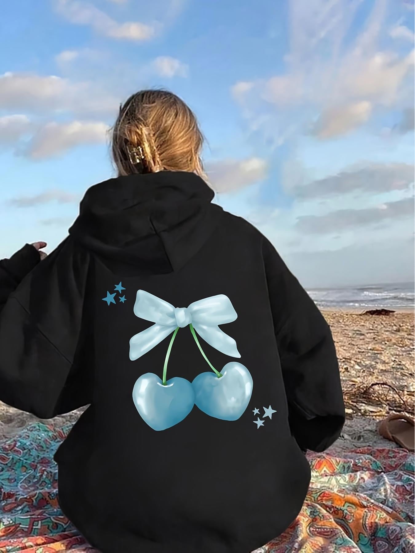 Tailorly Women's Printed Hoodie - Soft Ribbon With Shining Cherry Fruit Under Blue Sky Cherry