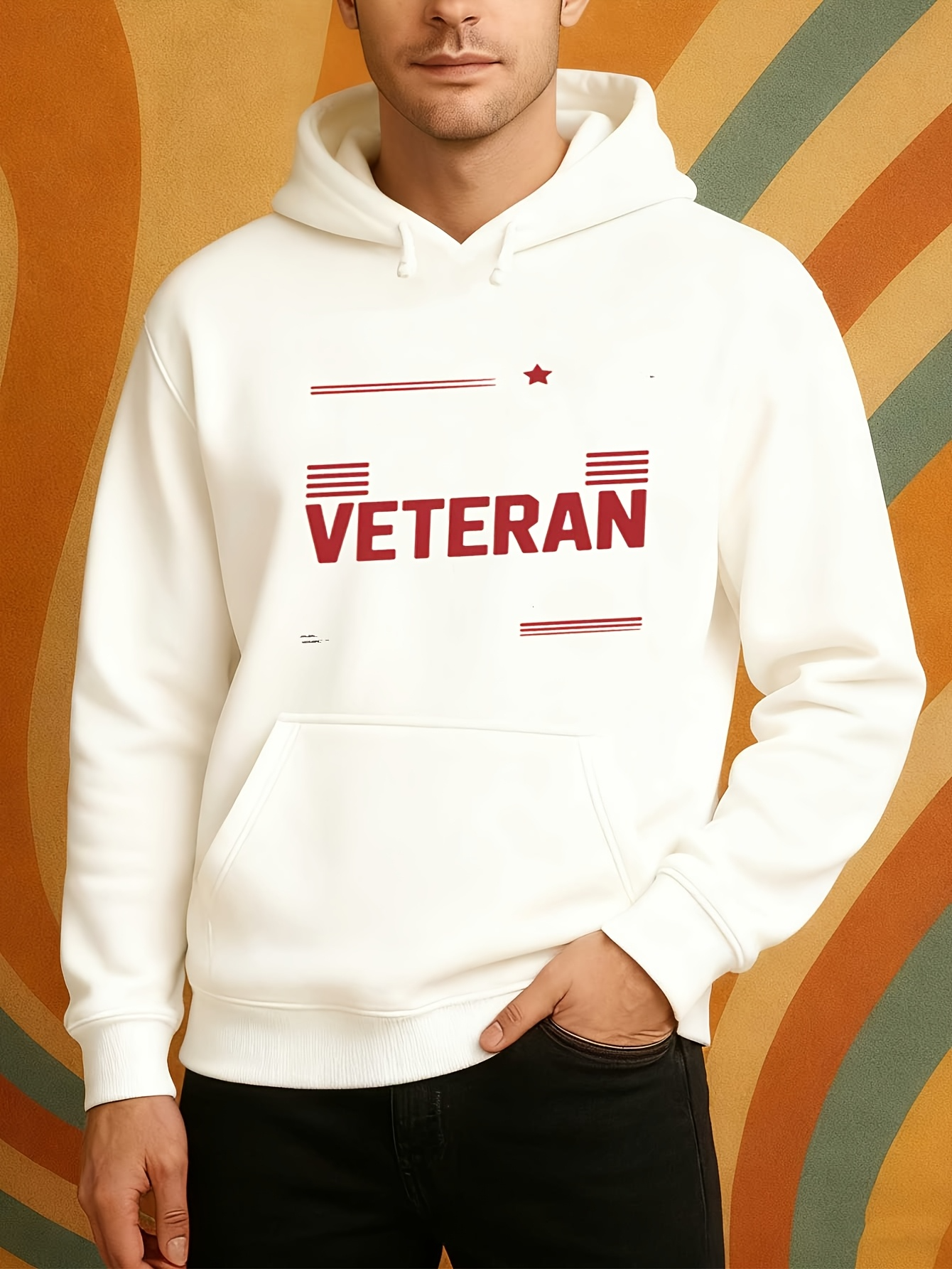 Tailorly Men's Printed Hoodie - Veteran Minimalist Lines With Bold Text And Icon Under Soft Lighting Hoodie