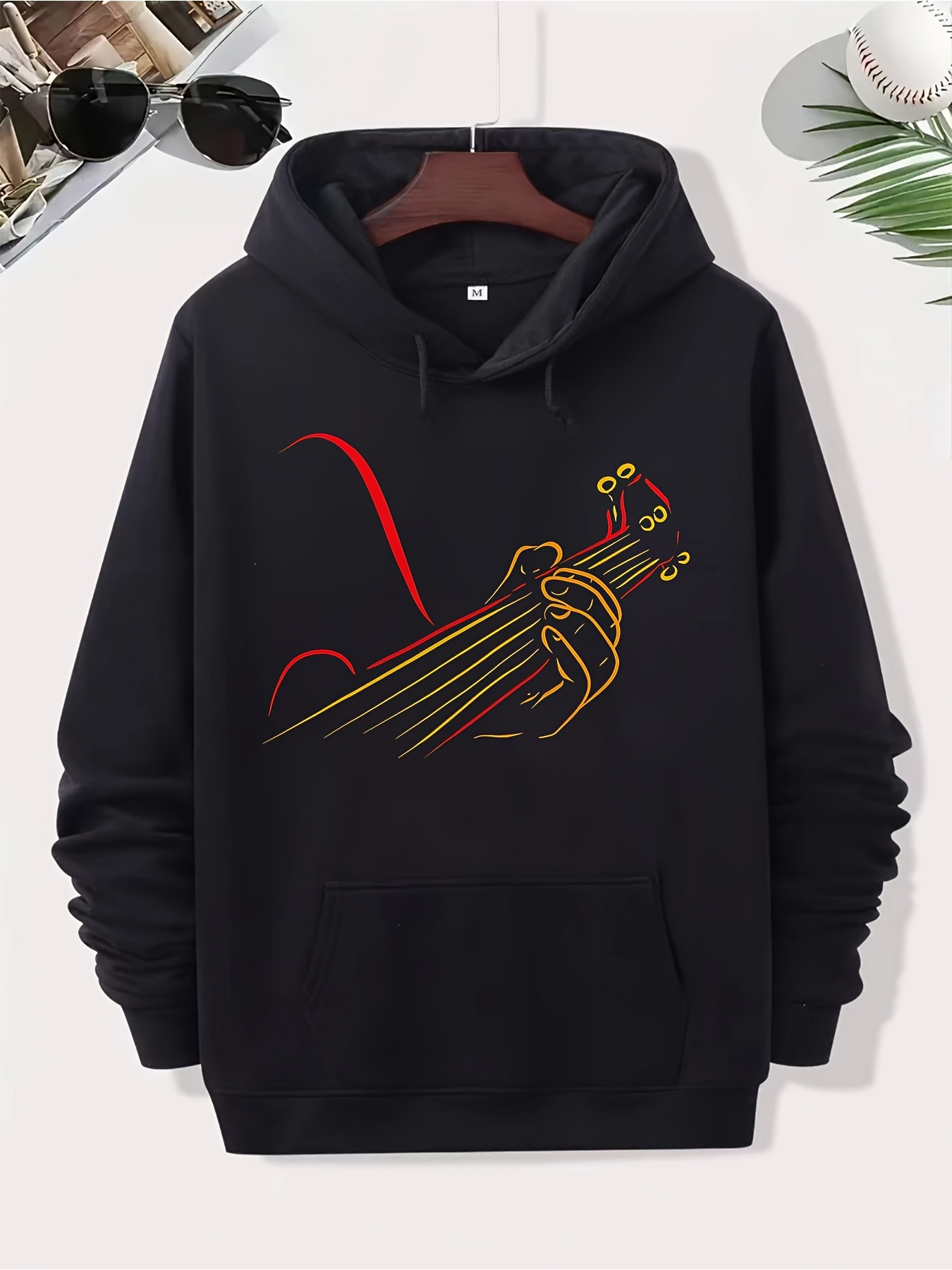 Tailorly Men's Printed Hoodie - Colorful Neon Strings Flowing Gracefully Along A Guitar