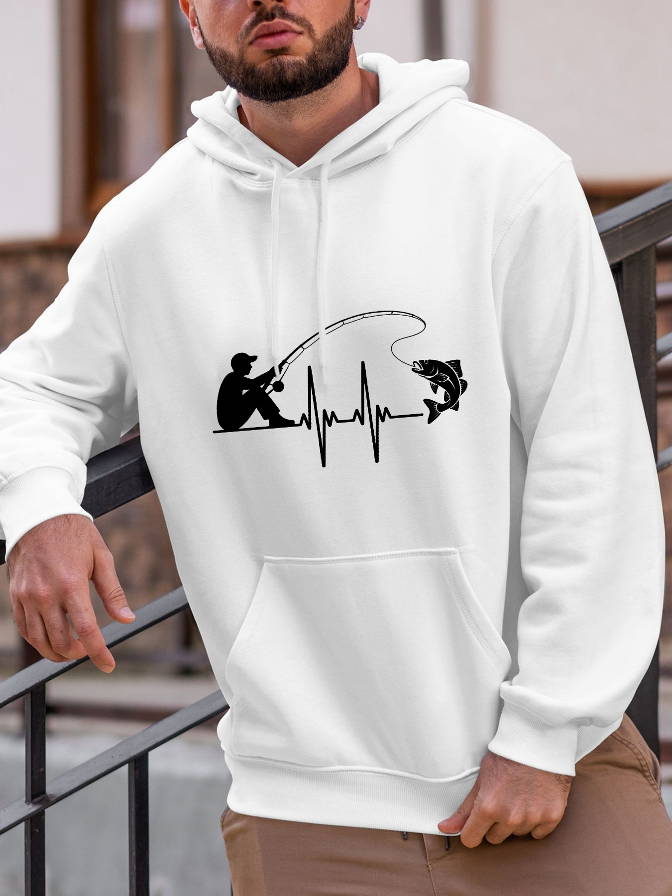 Tailorly Men's Printed Hoodie - Heartbeat With Fisherman Sitting And Fishing Line Forming Lively Fish
