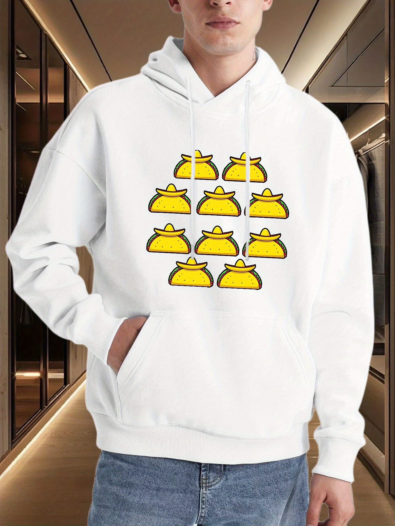 Tailorly Men's Printed Hoodie - Playful Stacked Yellow Cartoon Style Coin Purse
