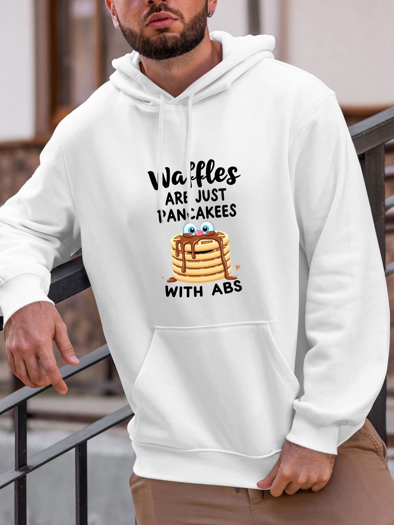 Tailorly Men's Printed Hoodie - Waffles Are Just Pancakes With Abs Illustrated Breakfast Stack Waffles