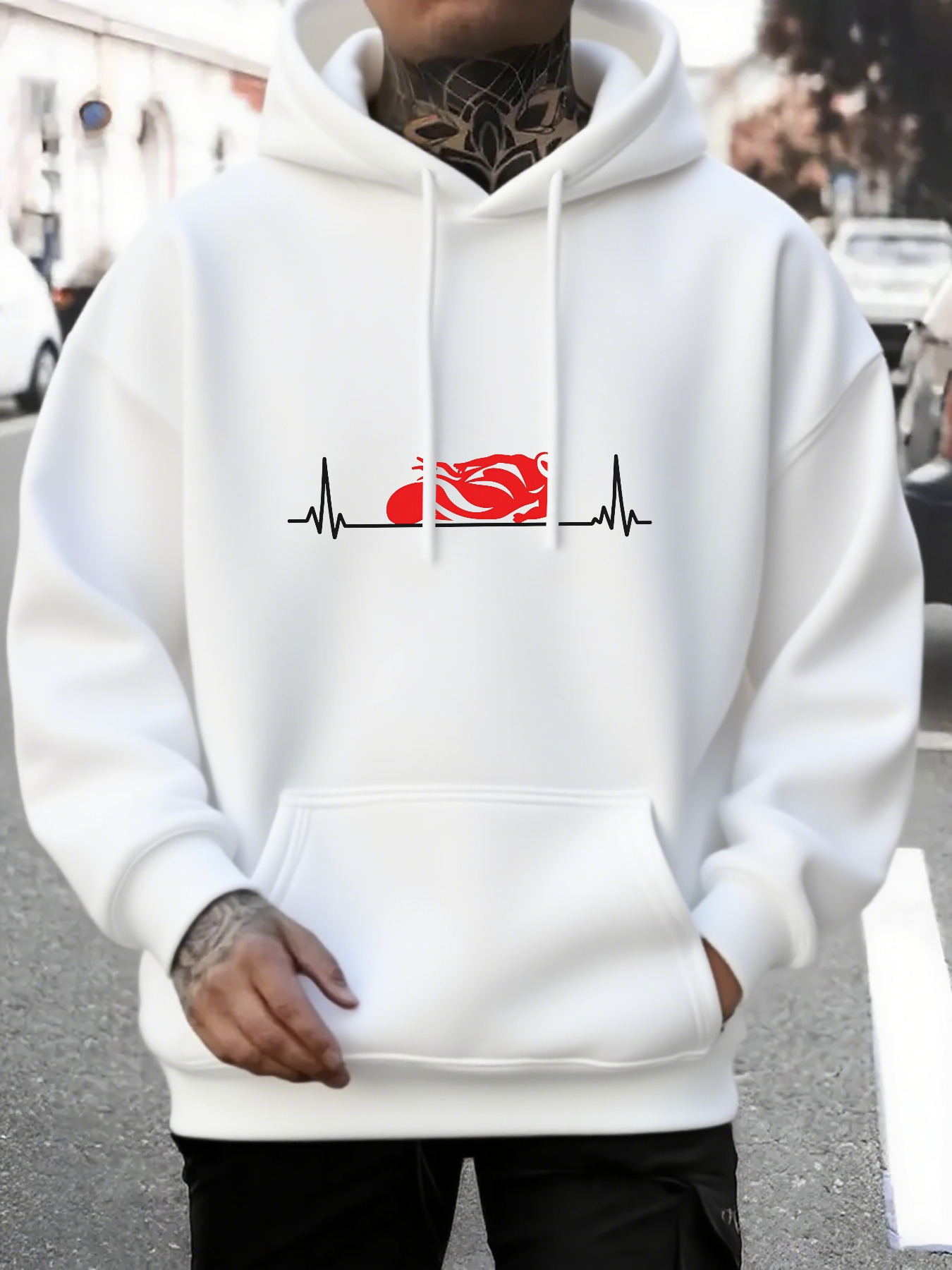 Tailorly Men's Printed Hoodie - Heartbeat Line With Red Sushi Illustration On Simple White Hooded Sweatshirt