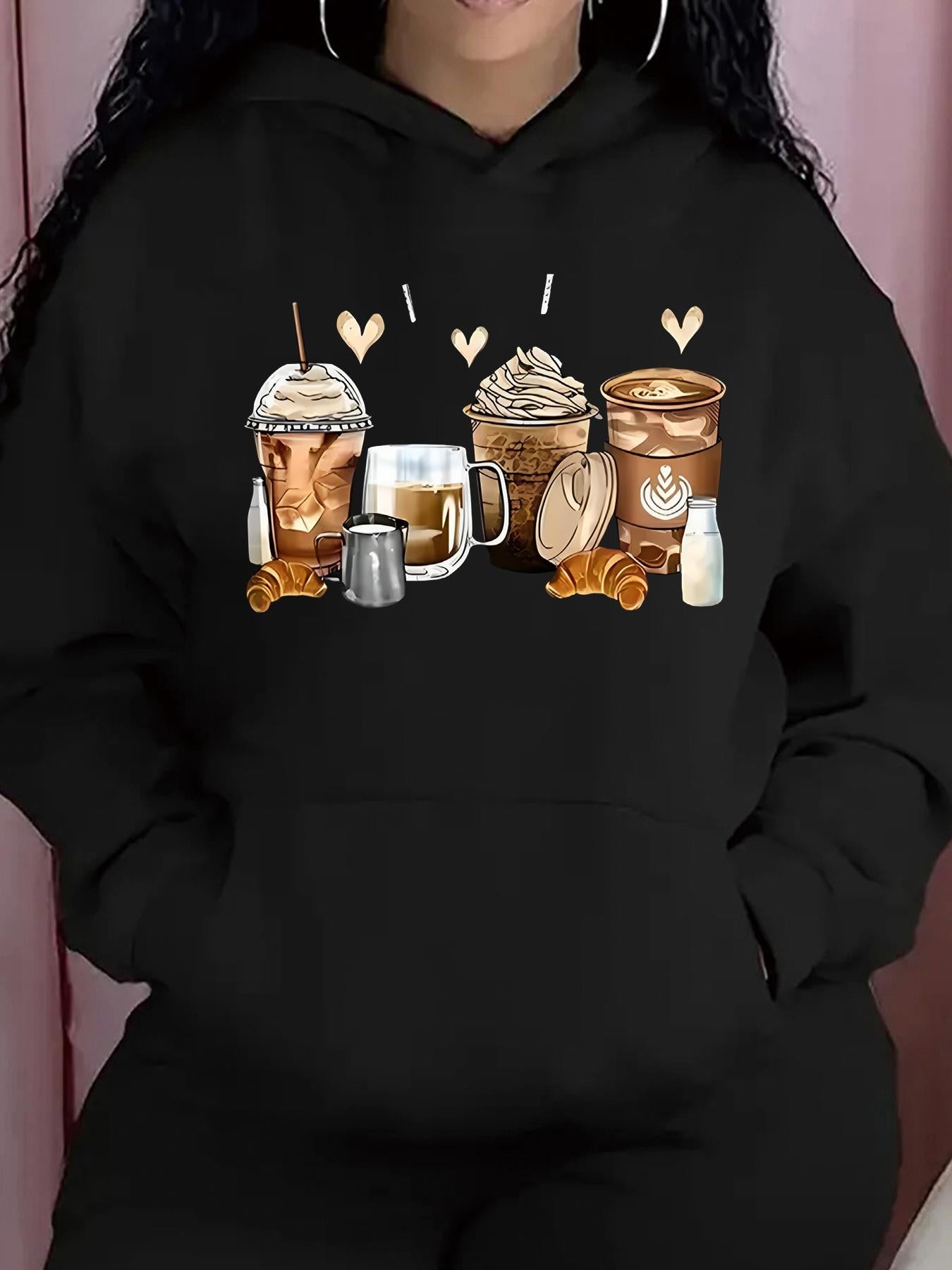 Tailorly Women's Printed Hoodie - Assorted Coffee Drinks Surrounded By Cinnamon Sticks Whipped Cream And Hearts Coffee