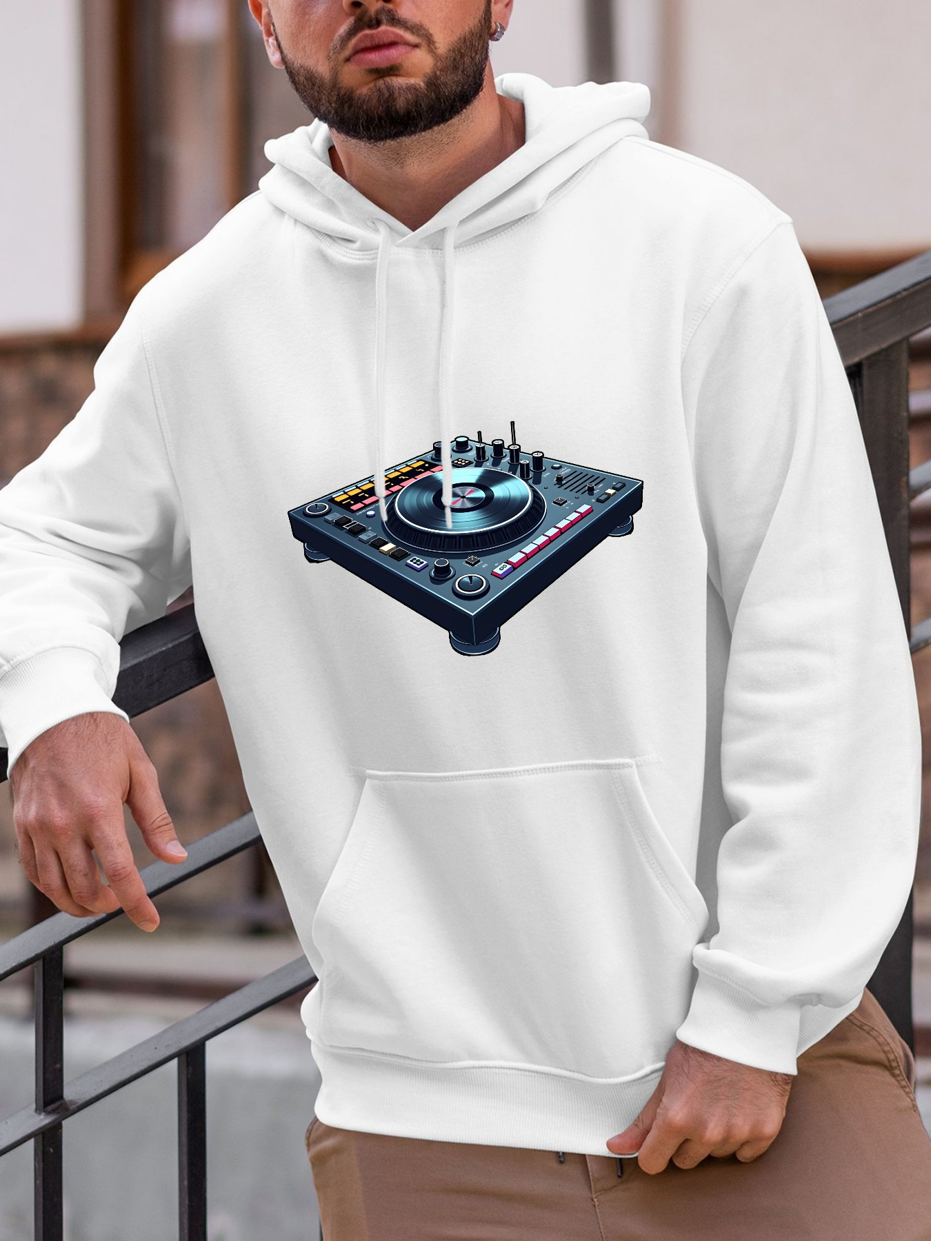 Tailorly Men's Printed Hoodie - Retro Music Studio Equipment With Colored Knobs And Sound Waves Turntable