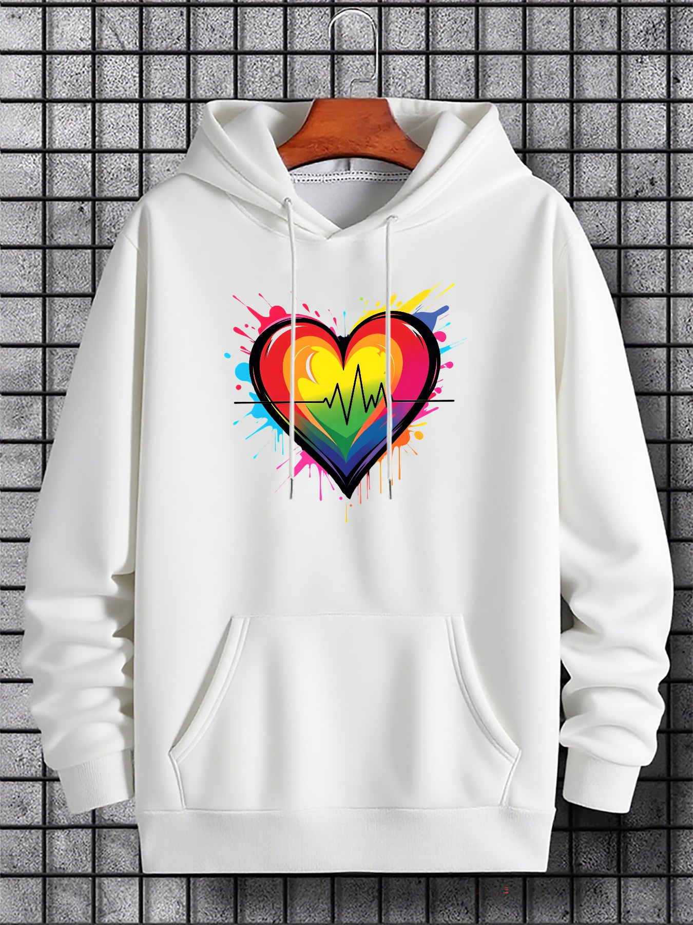 Tailorly Men's Printed Hoodie - Vivid Rainbow Heart With Splash Effect And Colorful Paint Strokes Heart