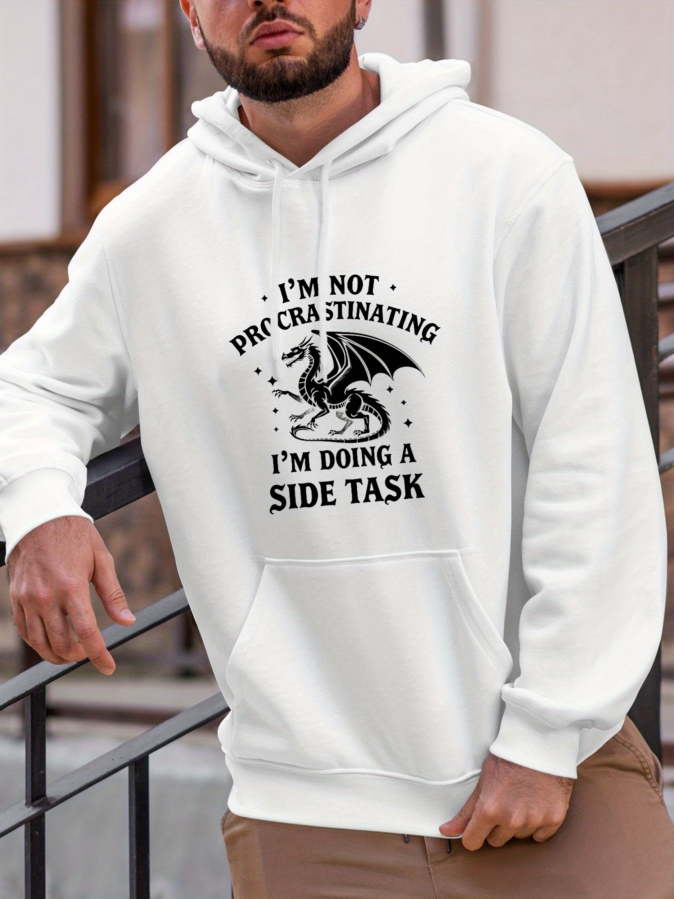 Tailorly Men's Printed Hoodie - Im Not Procrastinating Im Doing A Side Task Cartoon Style Medieval Dragon