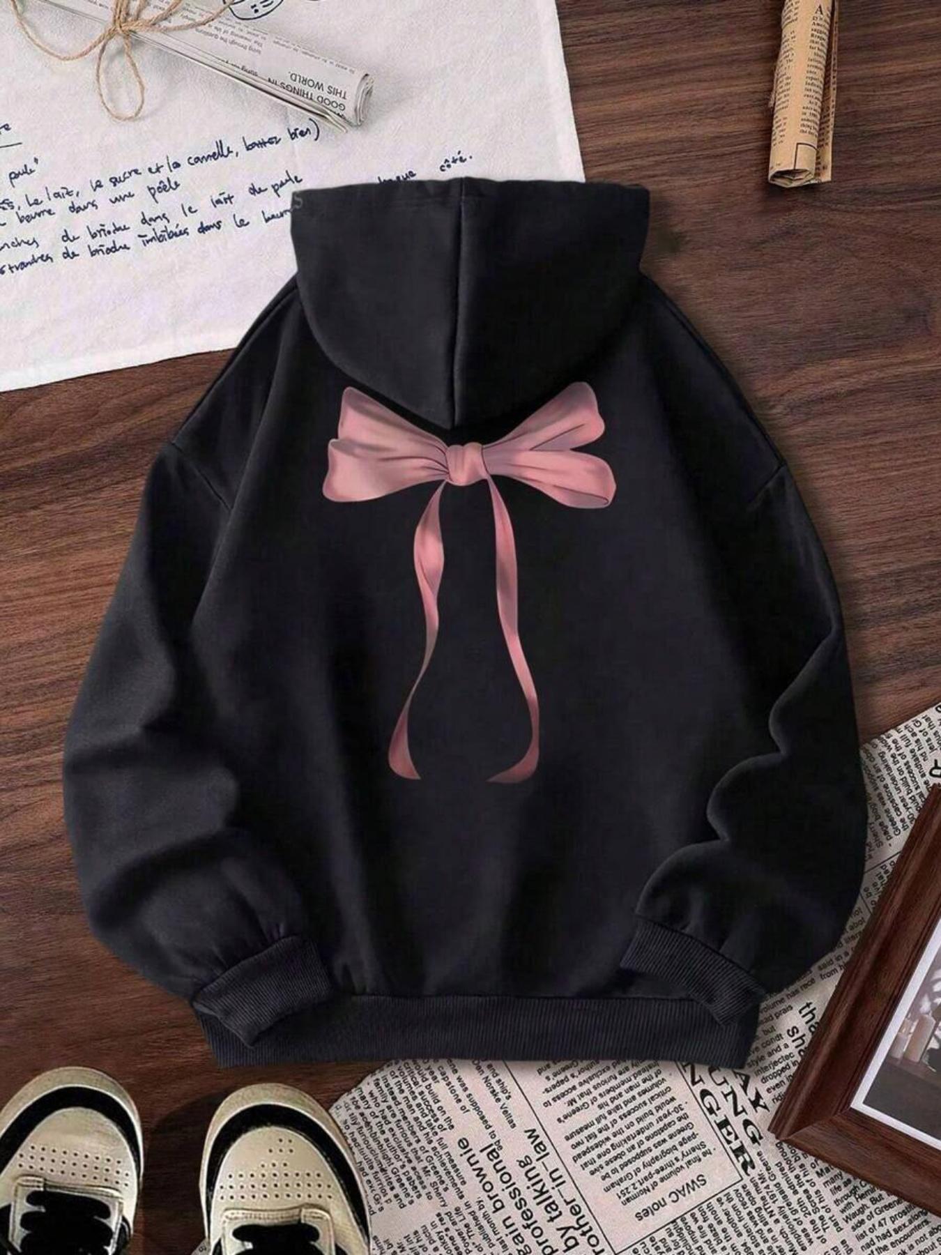 Tailorly Women's Printed Hoodie - Satin Ribbon Bow With Delicate Shadowed Loops Soft Hoodie Bow