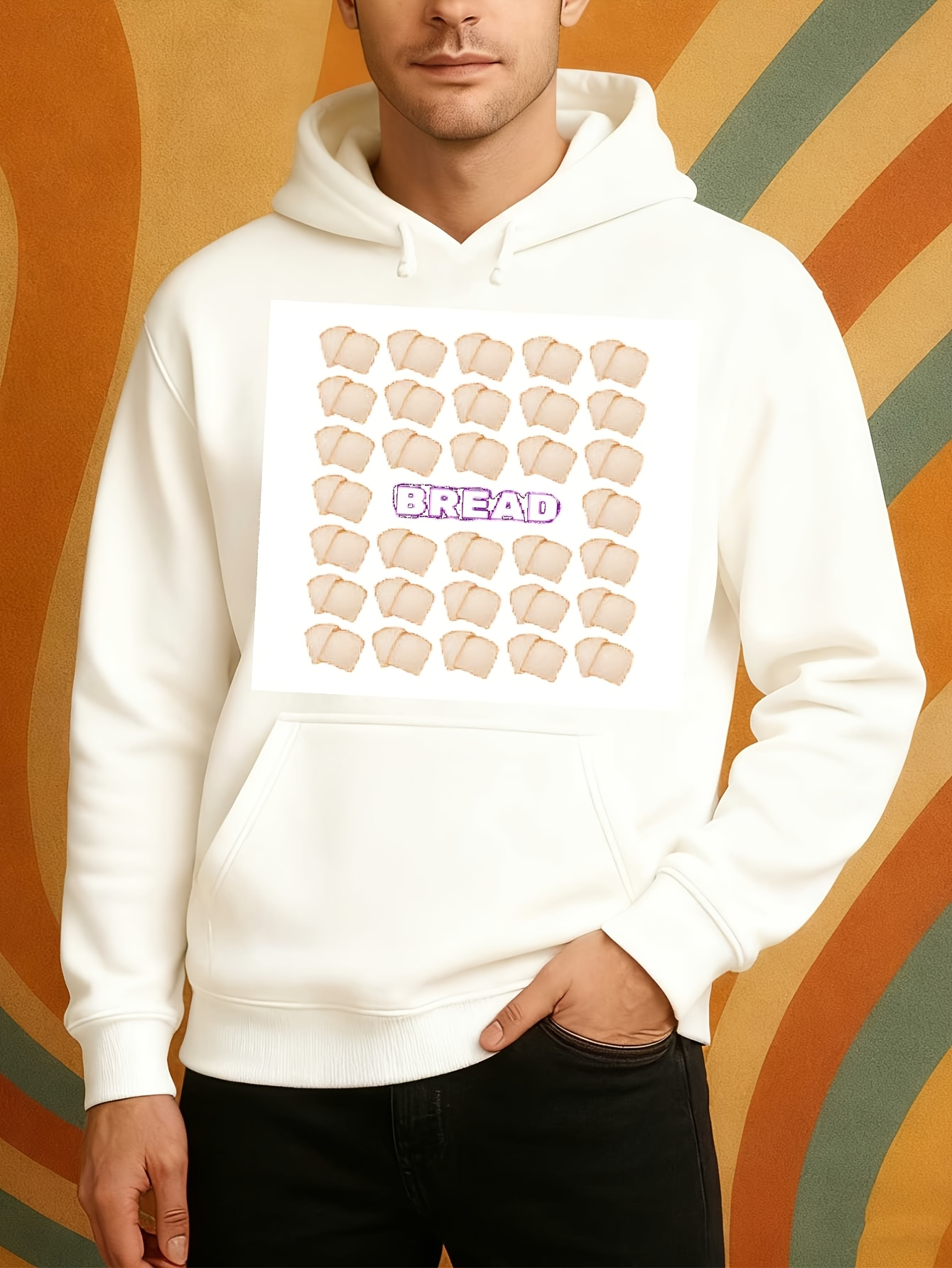 Tailorly Men's Printed Hoodie - Bread Word Repeated Pattern With Sliced Toast Among Wheat Loaves Bread