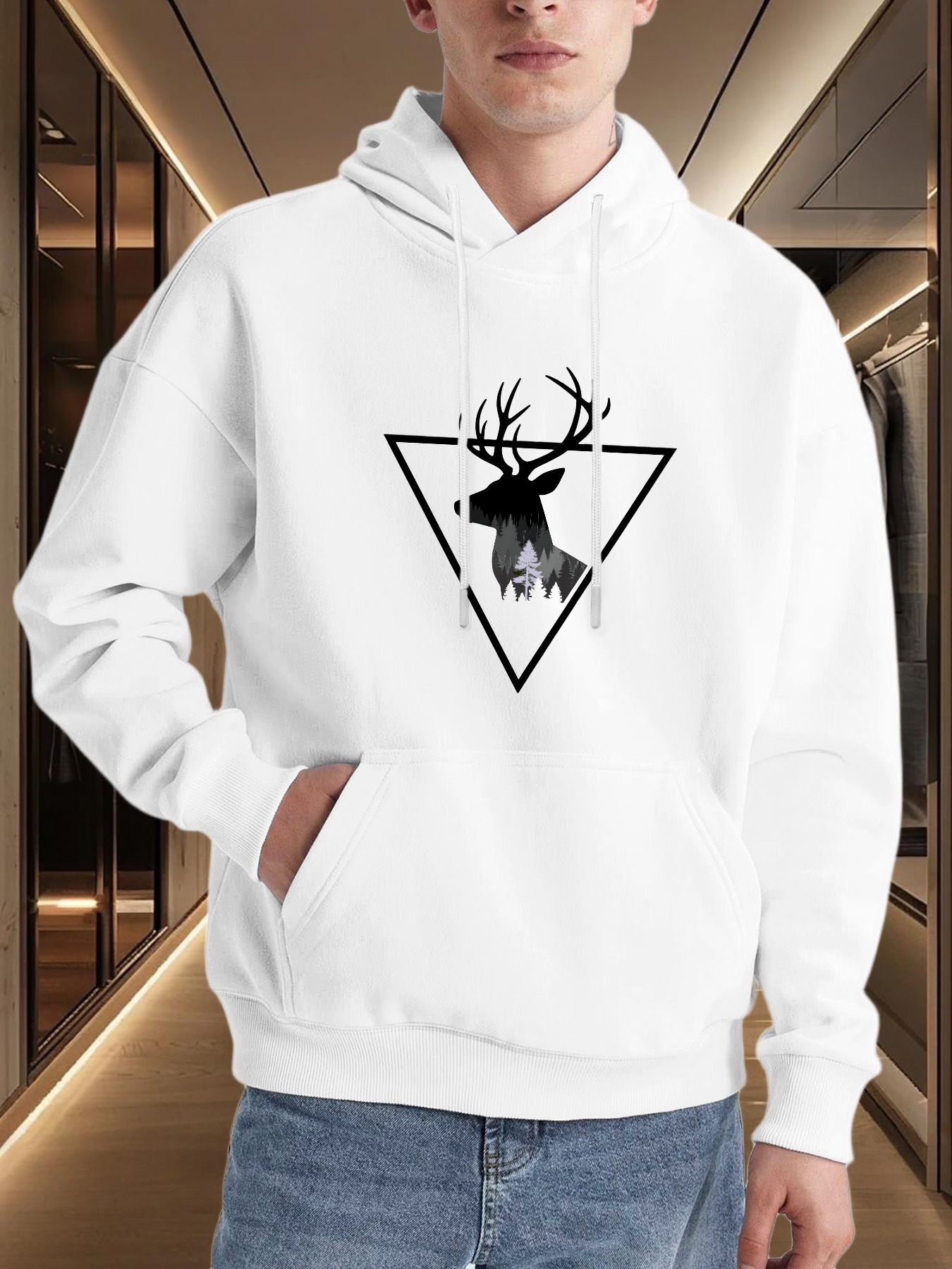 Tailorly Men's Printed Hoodie - Geometric Triangle Design Featuring Monochrome Forest Silhouette Majestic Deer