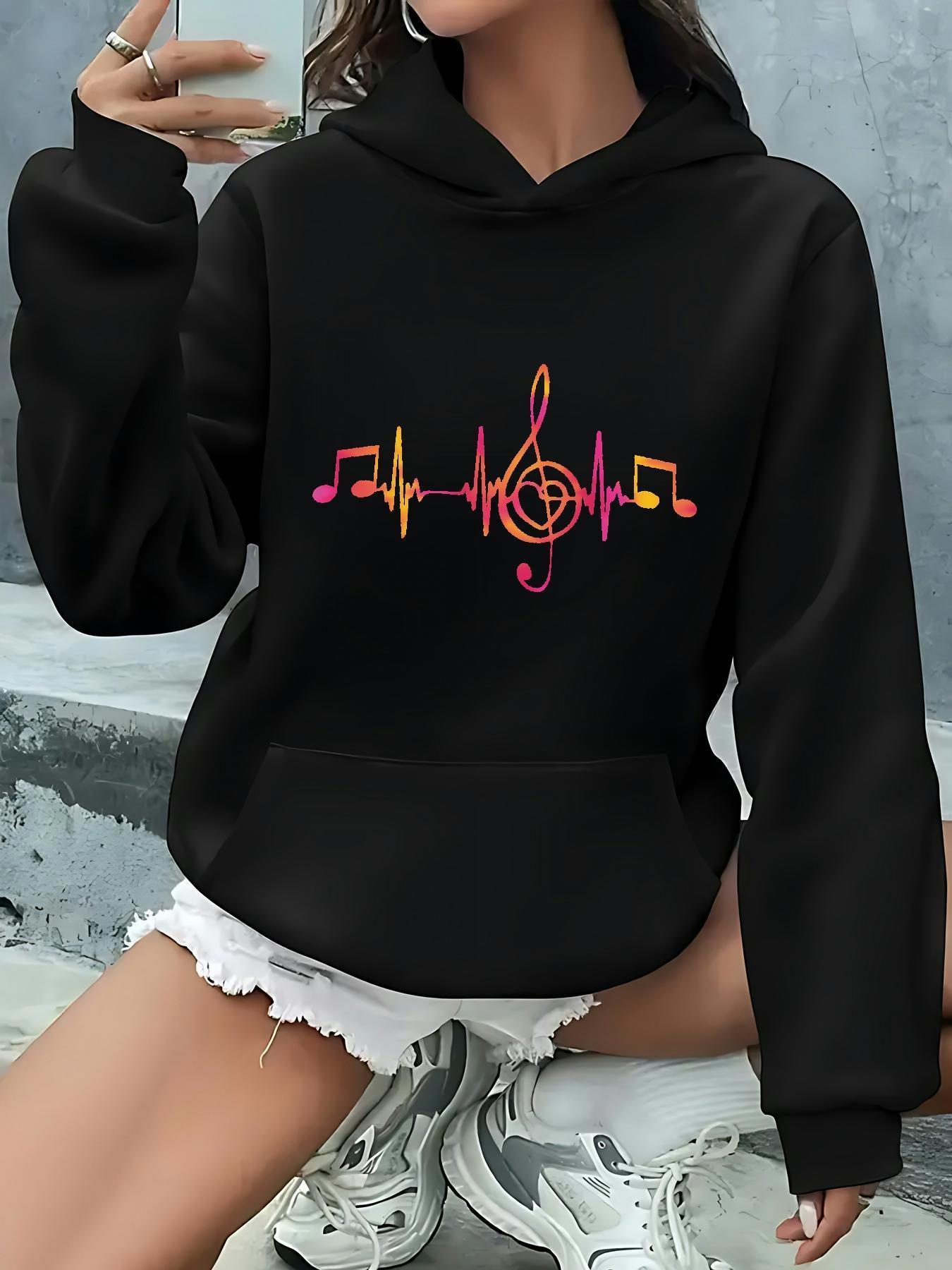 Tailorly Women's Printed Hoodie - Colorful Neon Heartbeat Line With Musical Notes Treble Clef Hoodie