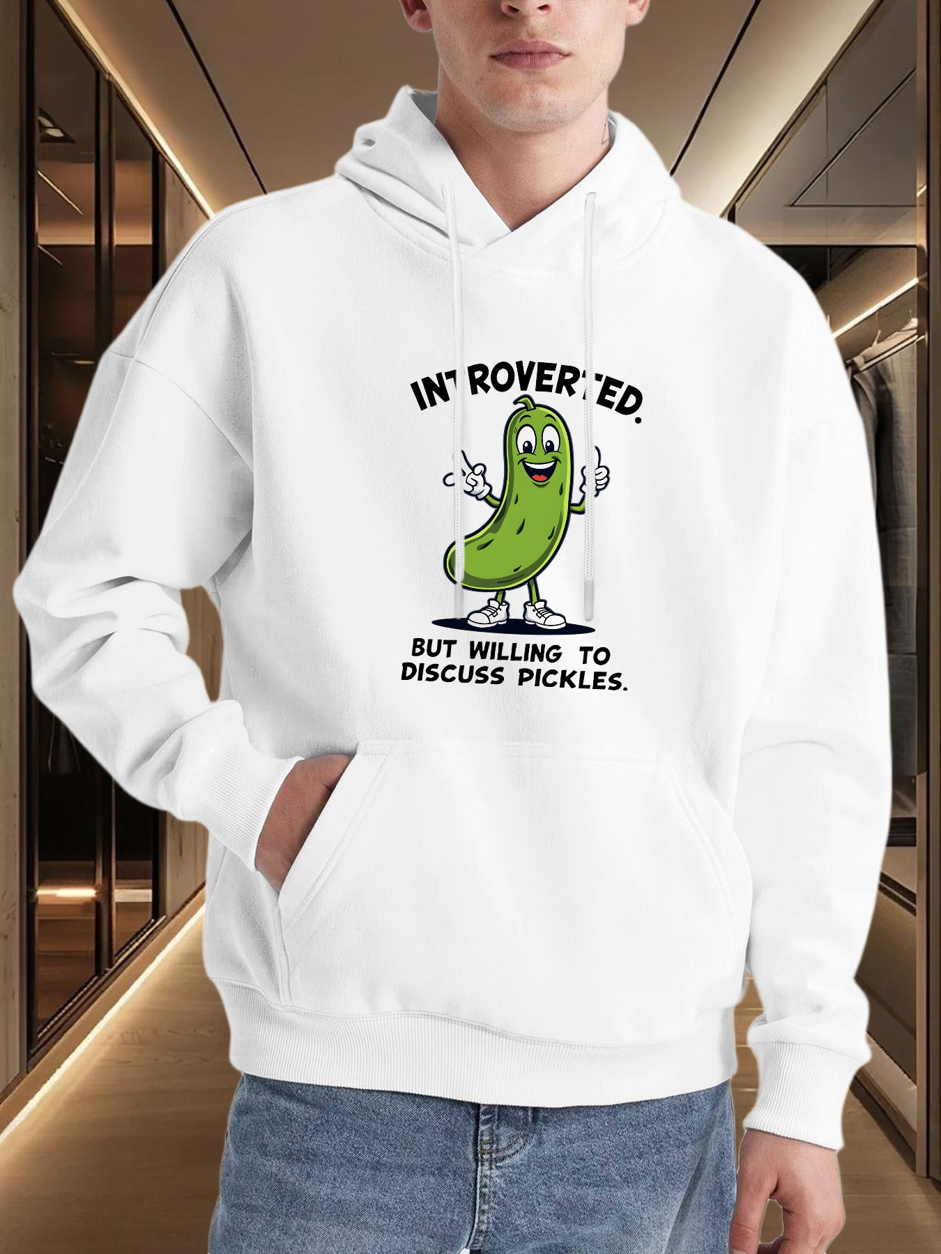 Tailorly Men's Printed Hoodie - Introverted Cartoon Pickle With Smiling Face Holding Up Hands