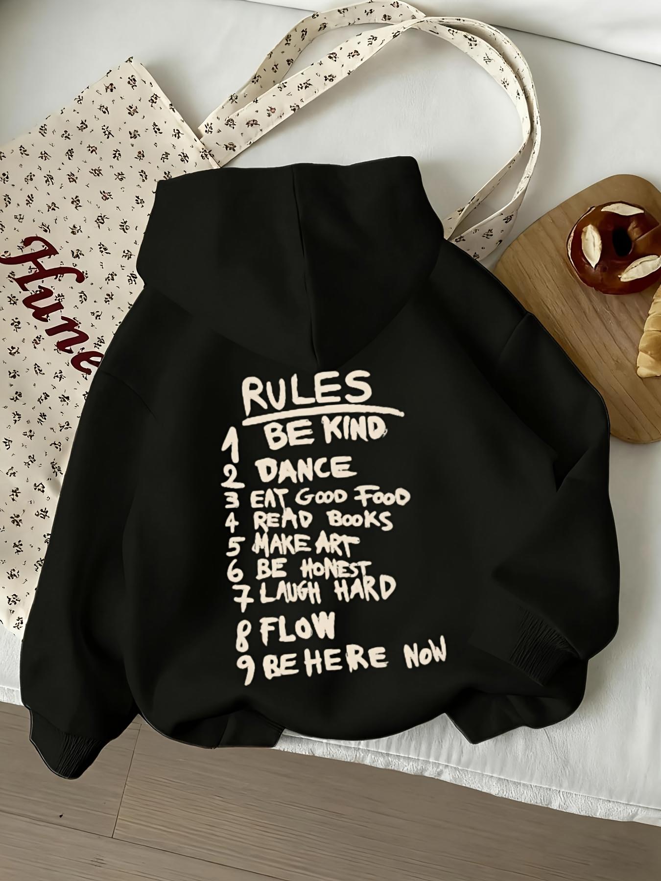 Tailorly Women's Printed Hoodie - Rules List With Handwritten Artistic White Script On Black Hooded Sweatshirt