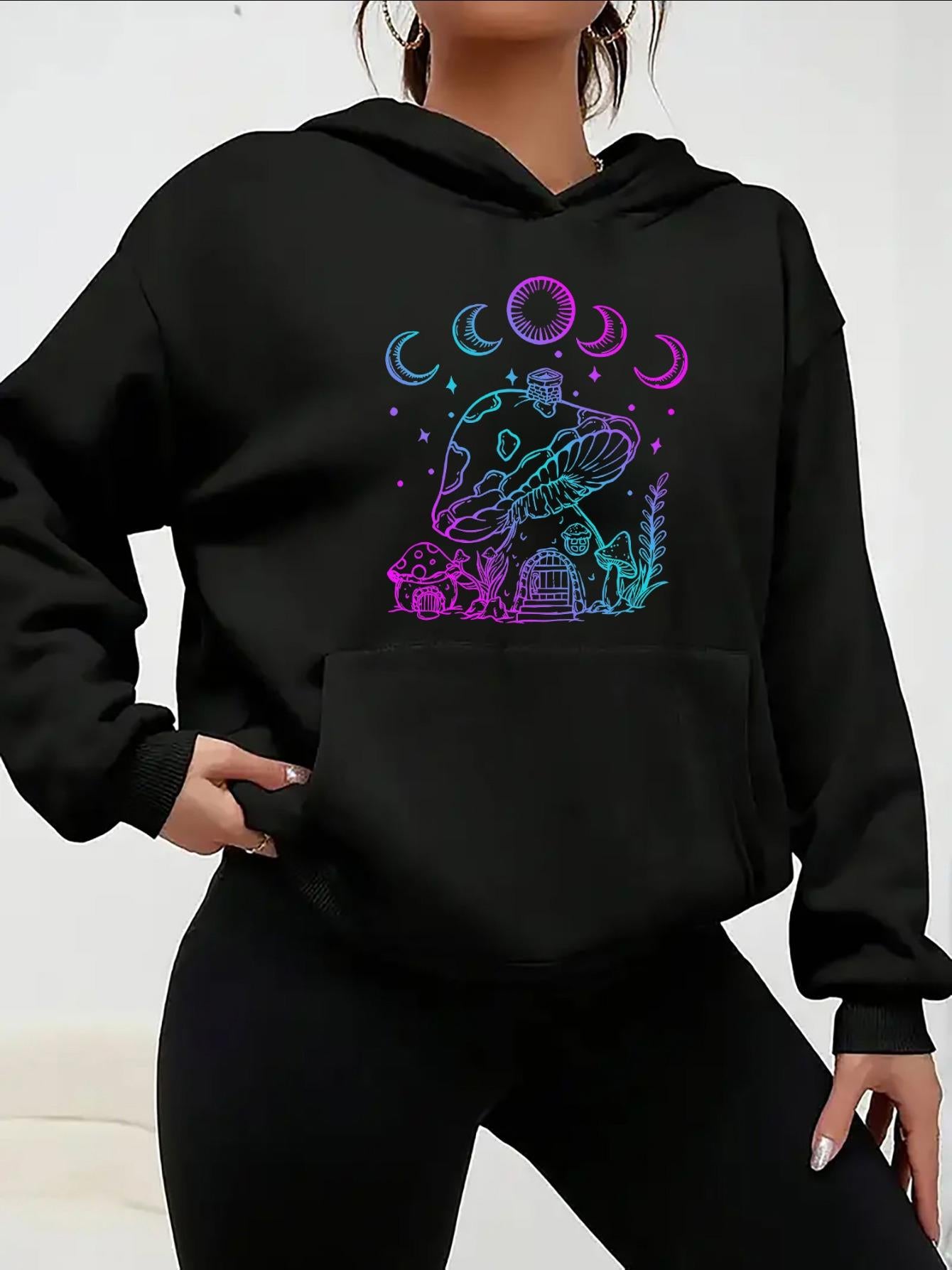 Tailorly Women's Printed Hoodie - Neon Celestial Mushrooms Beneath Phases Of The Magical Moon