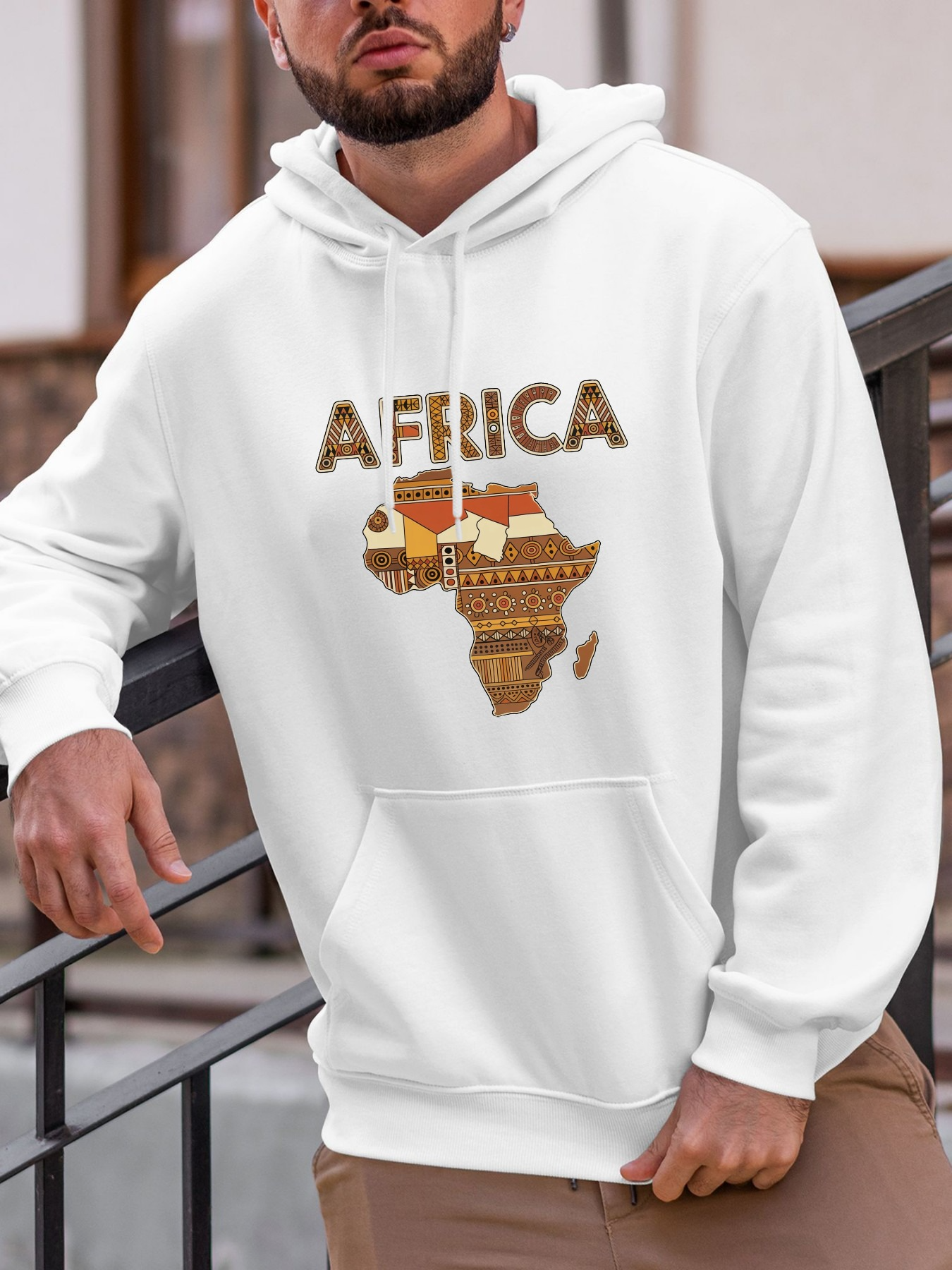 Tailorly Men's Printed Hoodie - Africa Patterned Map With Traditional Tribal Geometric Motifs Continent