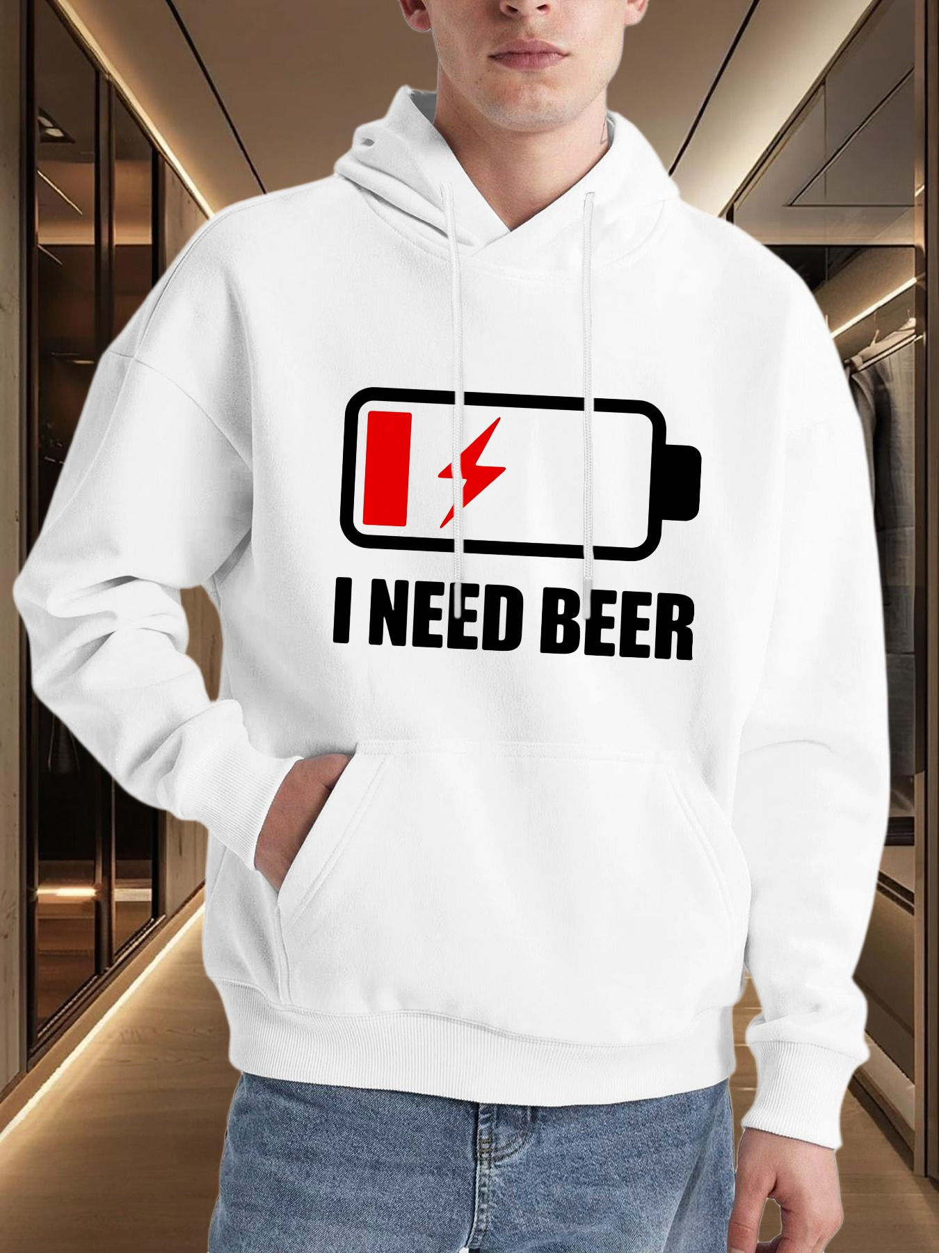 Tailorly Men's Printed Hoodie - I Need Beer Low Battery Icon With Red Lightning Bolt Symbol