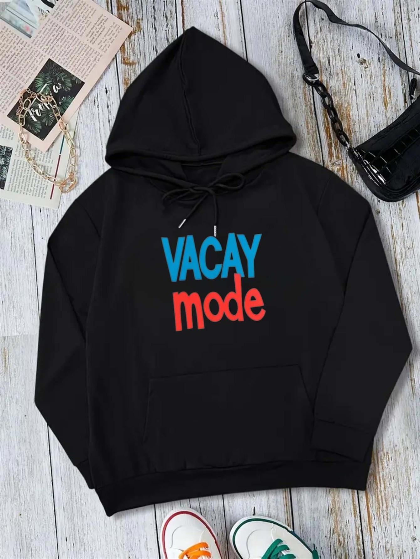Tailorly Women's Printed Hoodie - Vacay Mode Vibrant Retro Color Block Text Hoodie