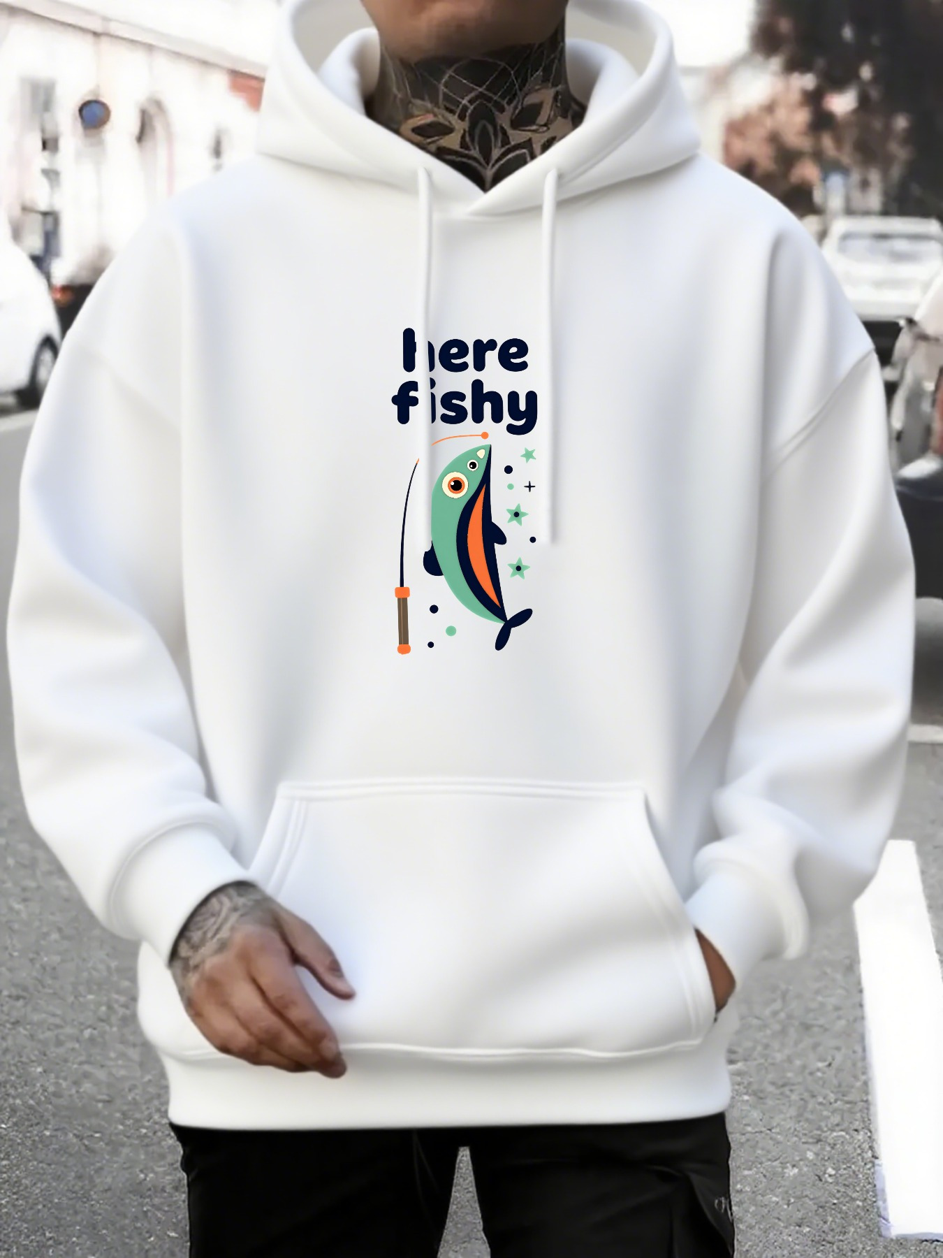 Tailorly Men's Printed Hoodie - Here Fishy Colorful Pattern With Playful Abstract Elements Fish