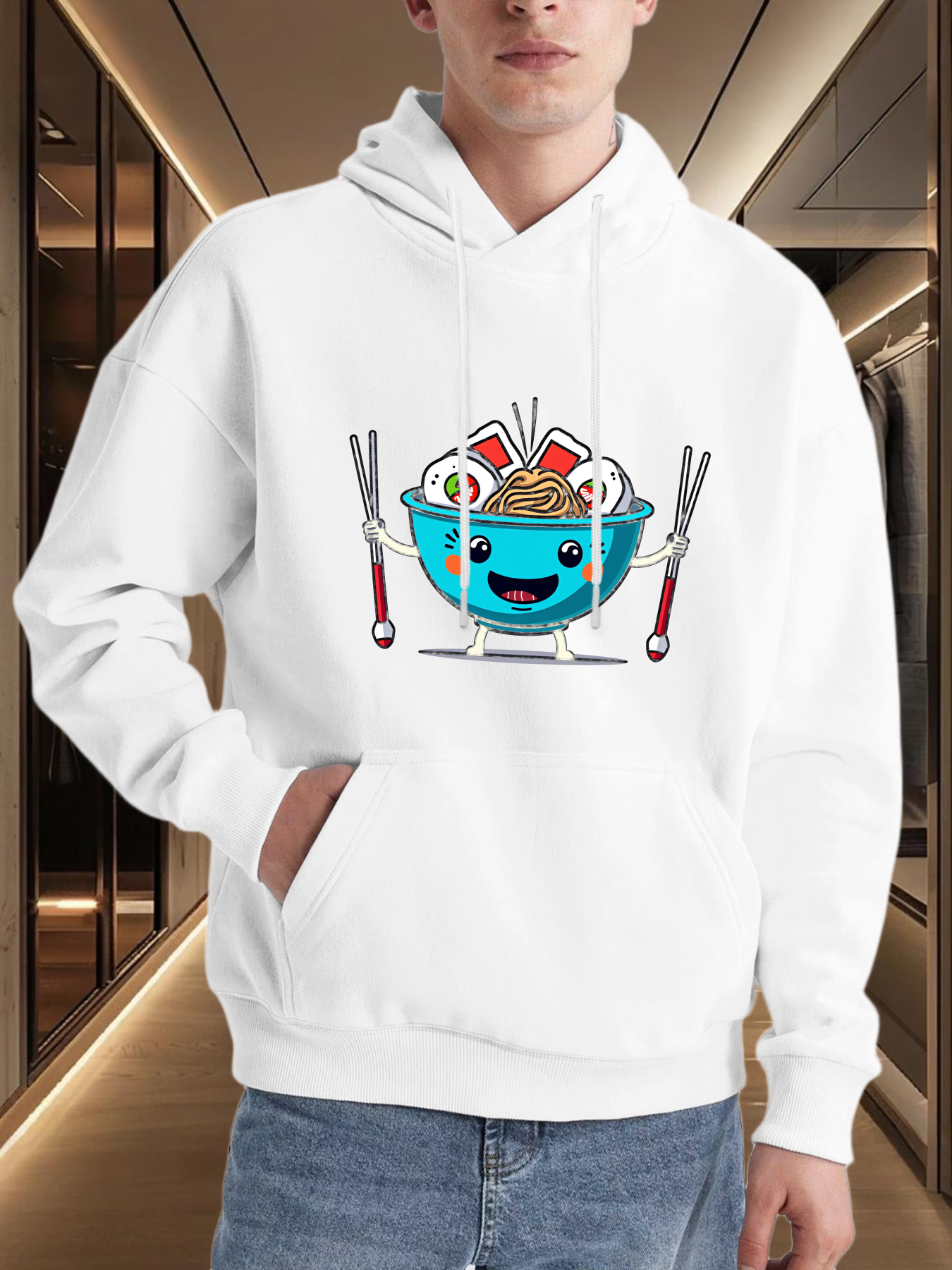Tailorly Men's Printed Hoodie - Chopsticks With Smiling Cartoon Bowl Among Tasty Noodle Delights