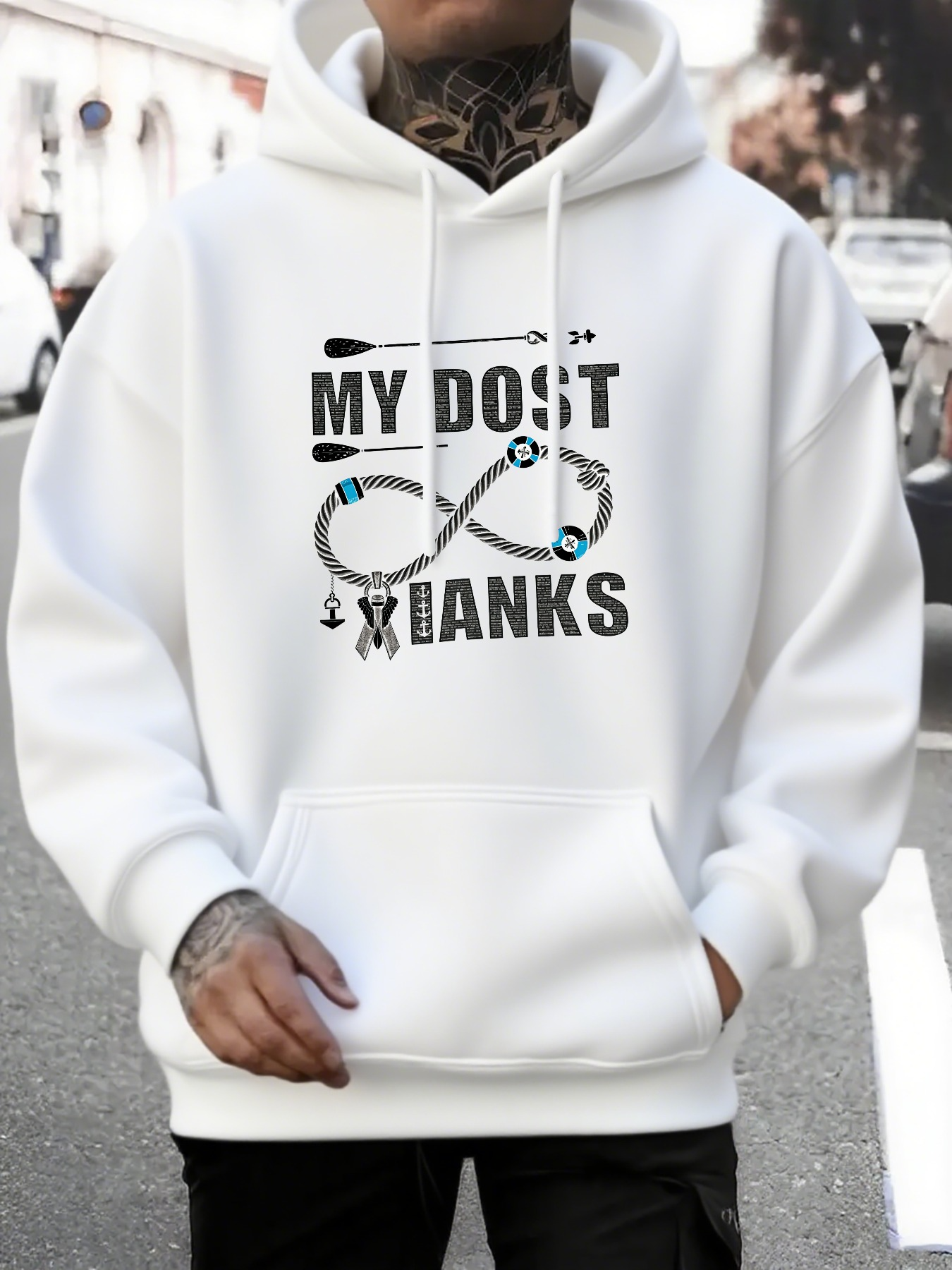 Tailorly Men's Printed Hoodie - My Dost Thanks Fishing Line With Knot And Hook Theme