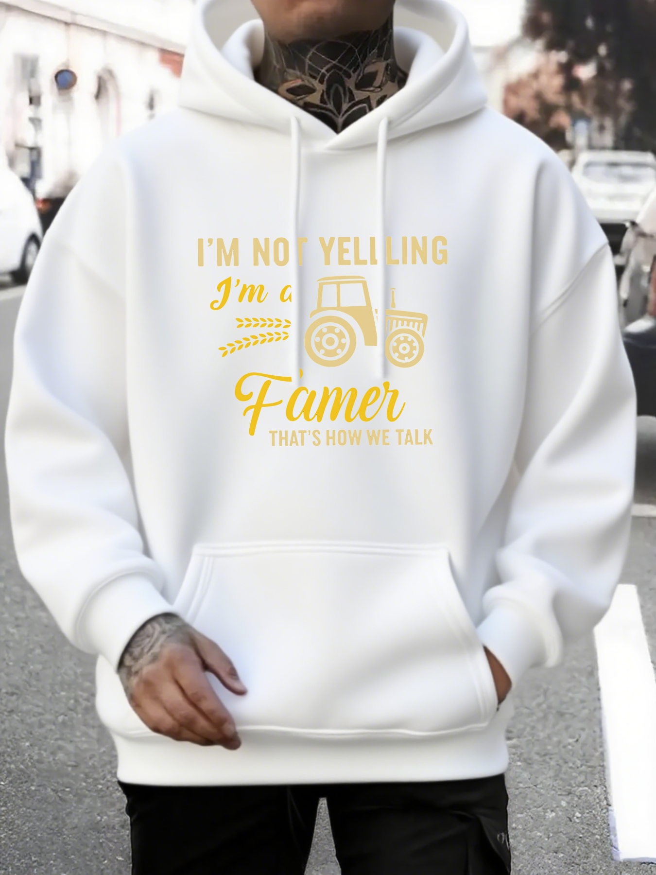 Tailorly Men's Printed Hoodie - Im Not Yelling Im A Farmer Text And Tractor Among Sunshine Elements Farmer