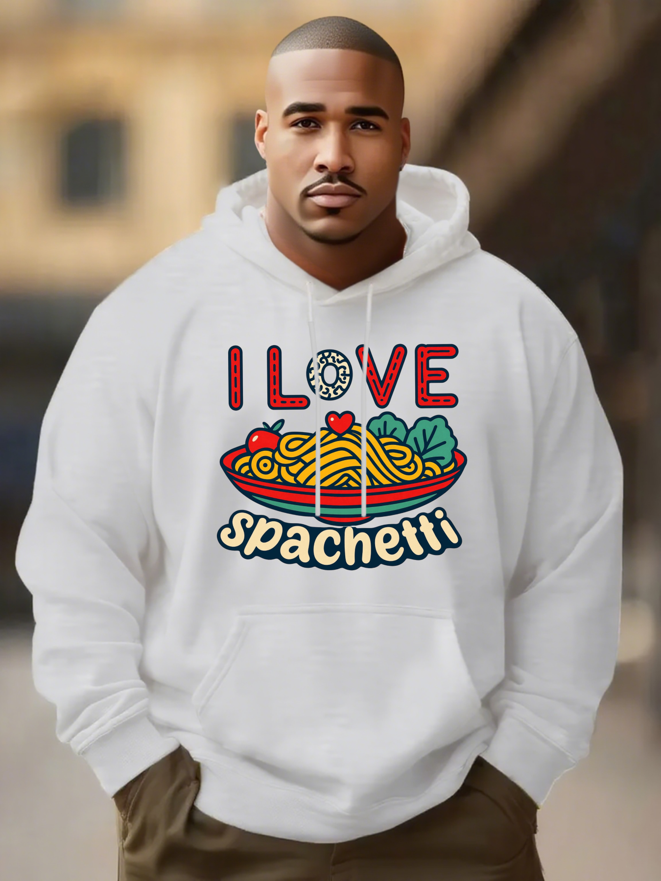 Tailorly Men's Printed Hoodie - I Love Spaghetti Colorful Ingredients With Fork Lifting Fresh Pasta Plate Spaghetti